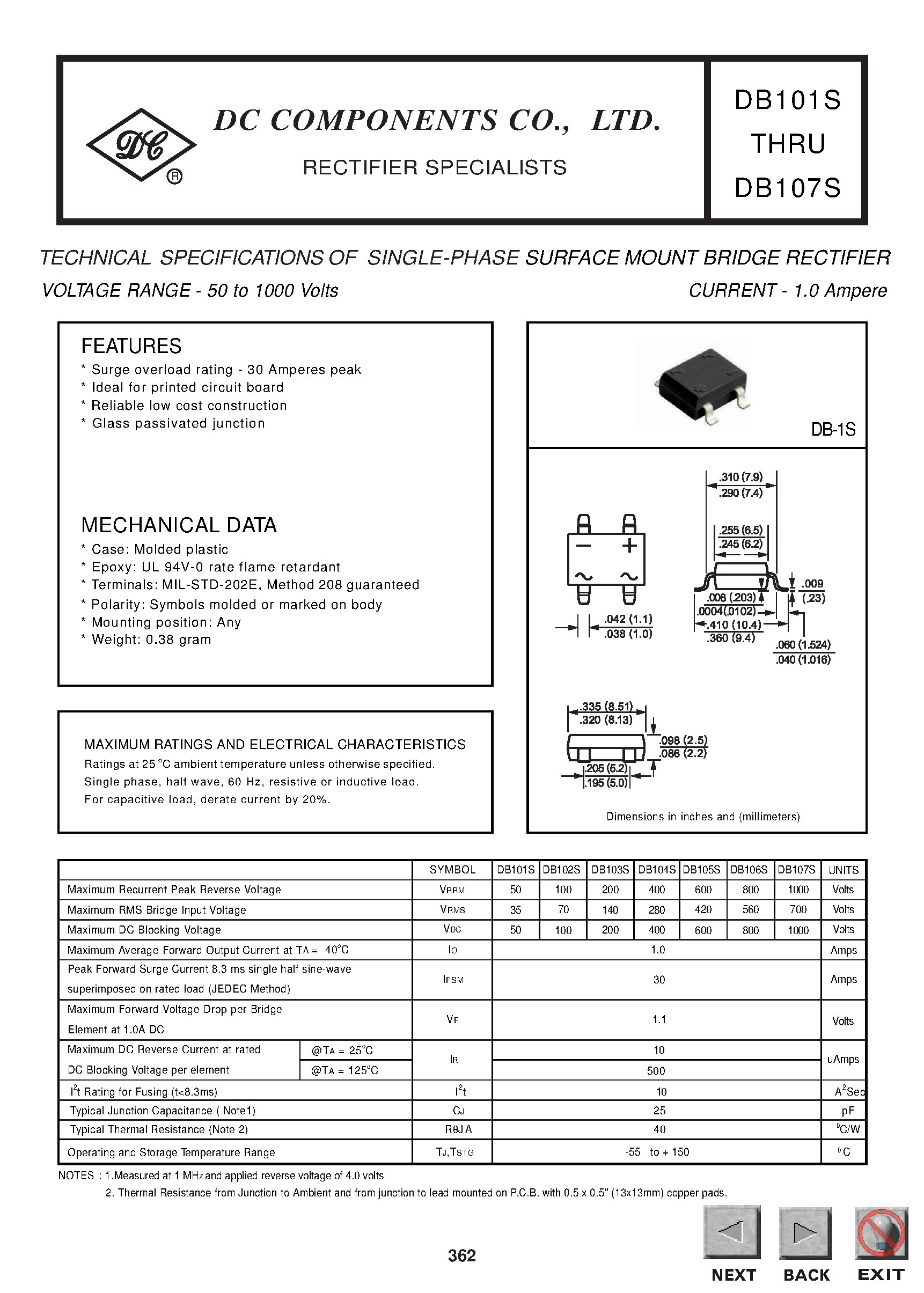 Даташит на микросхему DB105S страница 1 Даташит DB105S - TECHNICAL SPECIFICATIONS OF SINGLE-PHASE SURFACE MOUNT BRIDGE RECTIFIER страница 1