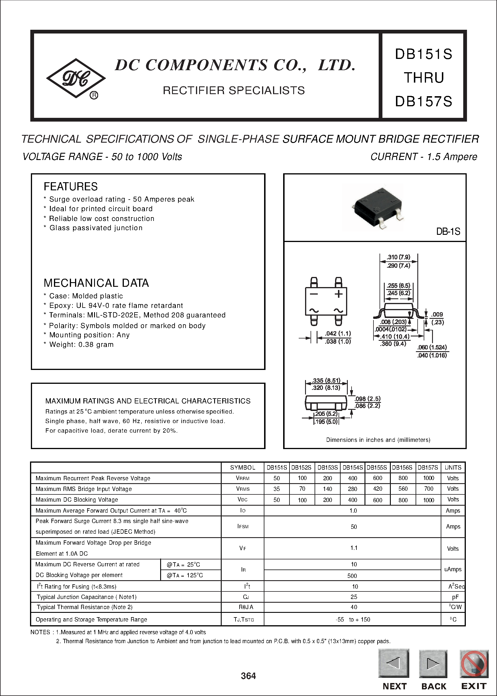 Datasheet DB151S page 1 Datasheet DB151S - TECHNICAL SPECIFICATIONS OF SINGLE-PHASE SURFACE MOUNT BRIDGE RECTIFIER page 1