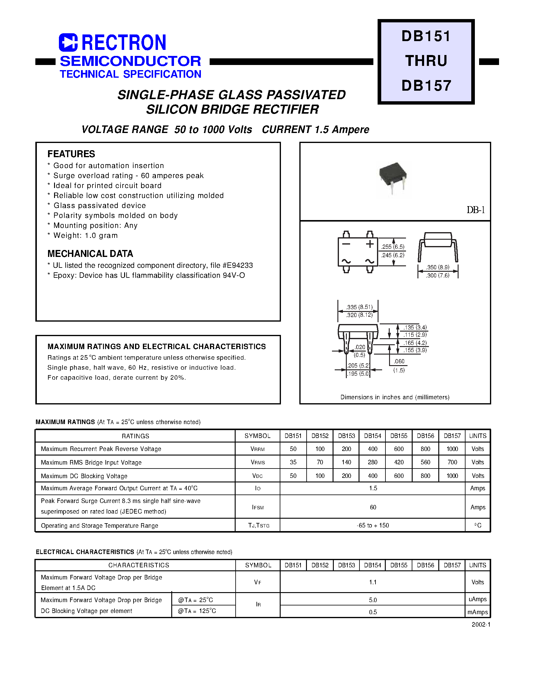 Datasheet DB152 page 1 Datasheet DB152 - SINGLE-PHASE GLASS PASSIVATED SILICON BRIDGE RECTIFIER page 1