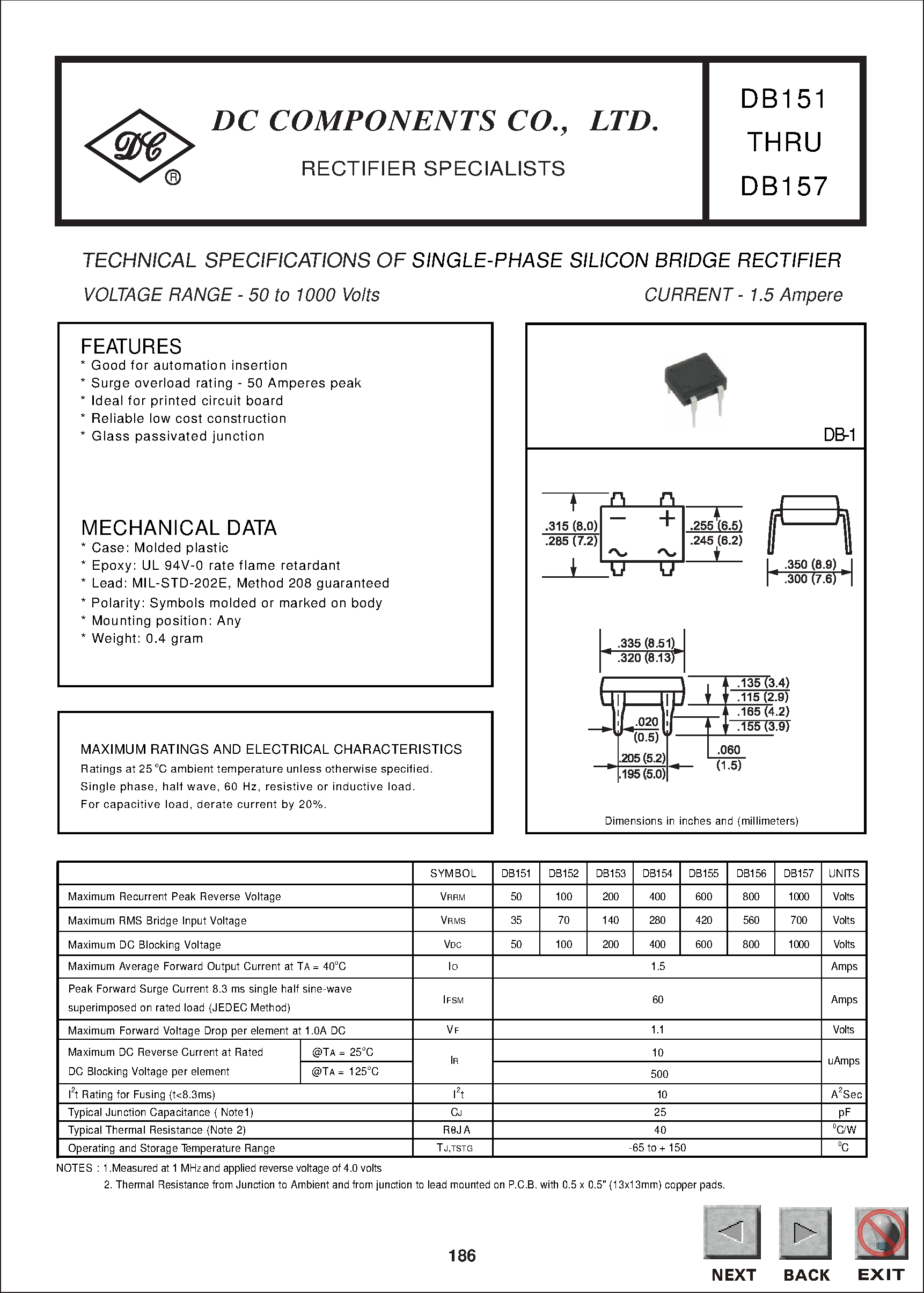 Datasheet DB152 page 1 Datasheet DB152 - TECHNICAL SPECIFICATIONS OF SINGLE-PHASE SILICON BRIDGE RECTIFIER page 1