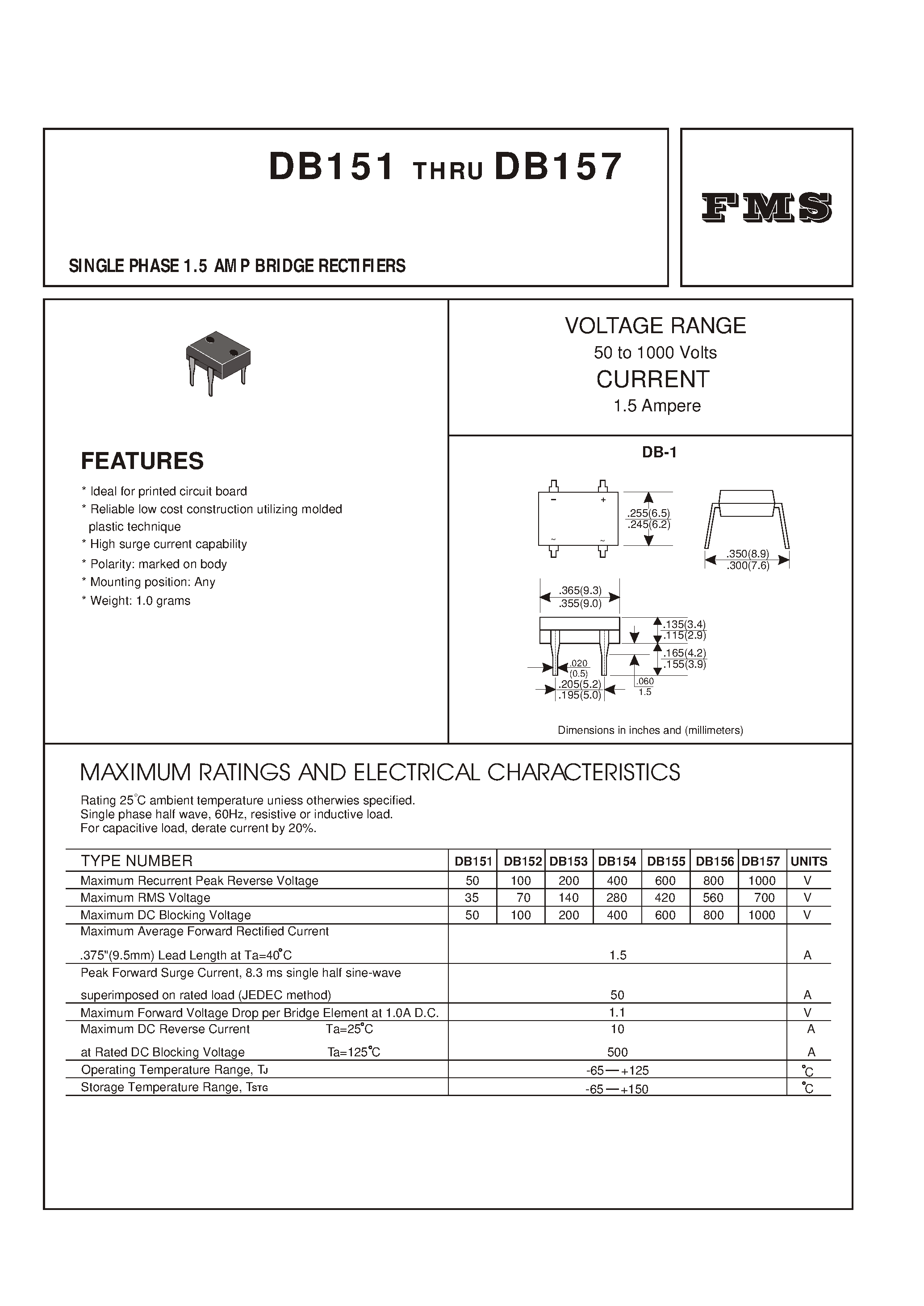 Datasheet DB153 - SINGLE PHASE 1.5 AMP BRIDGE RECTIFIERS page 1