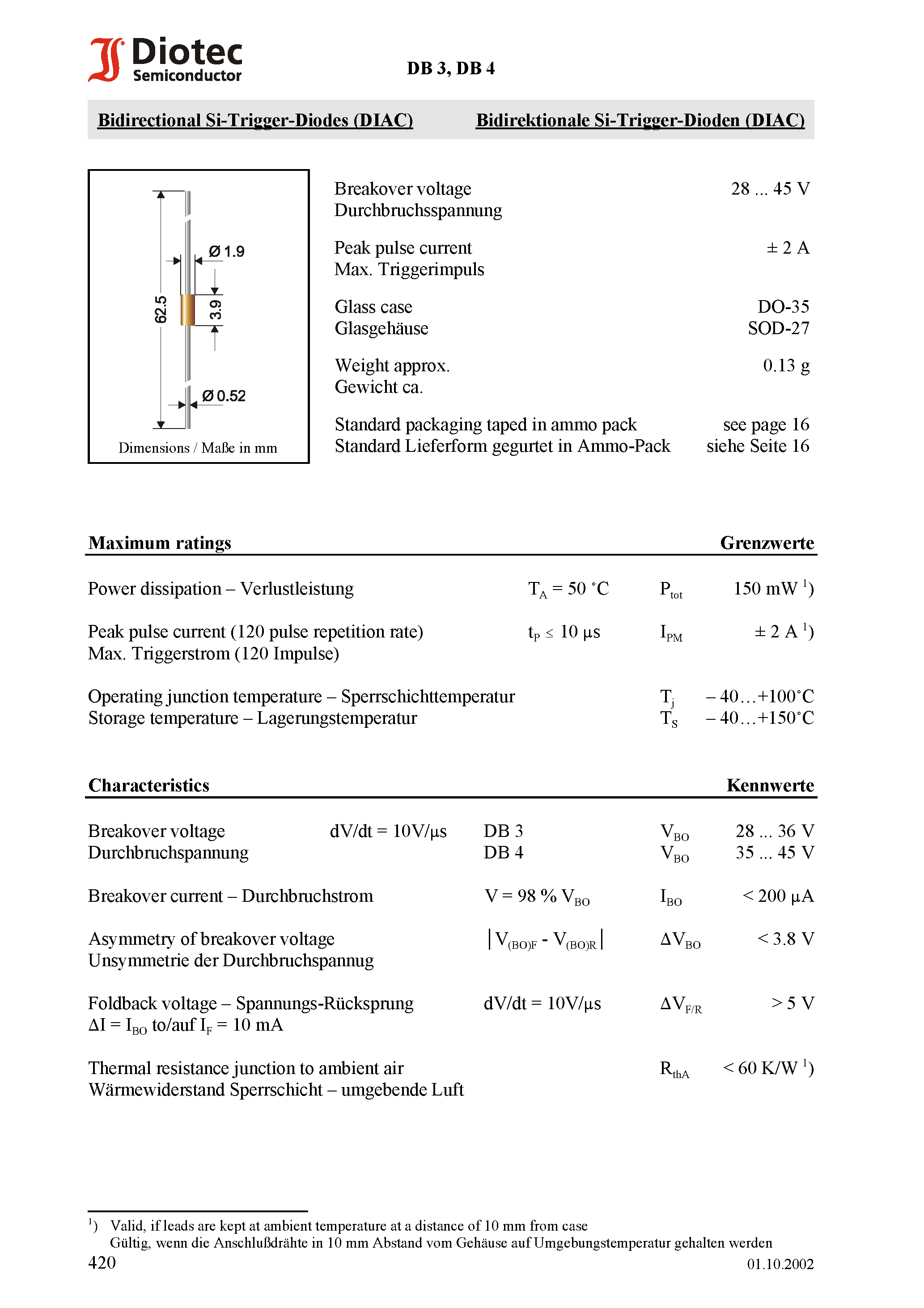 Даташит на микросхему DB4 страница 1 Даташит DB4 - Bidirectional Si-Trigger-Diodes (DIAC) страница 1