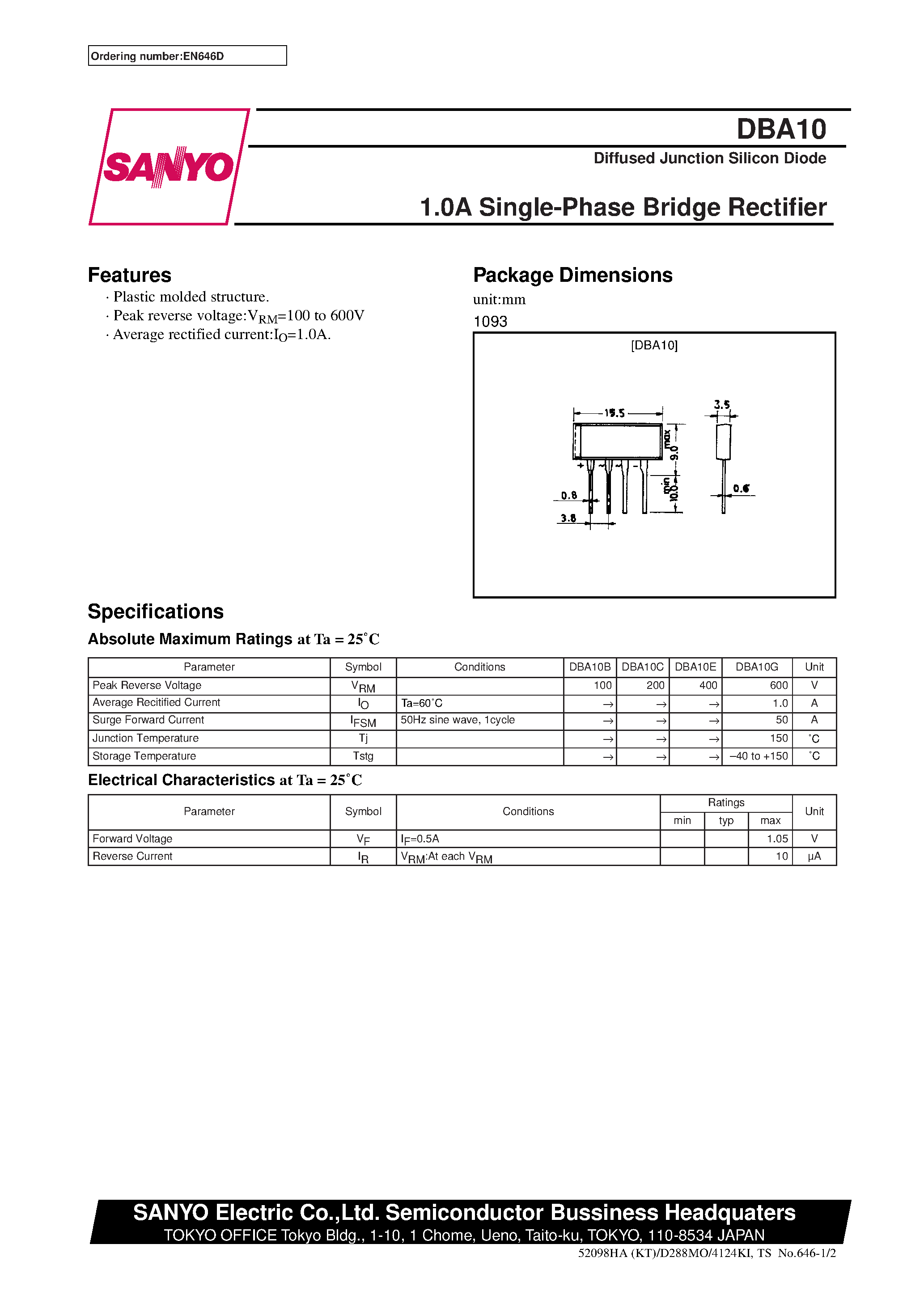 Datasheet DBA10 page 1 Datasheet DBA10 - 1.0A Single-Phase Bridge Rectifier page 1