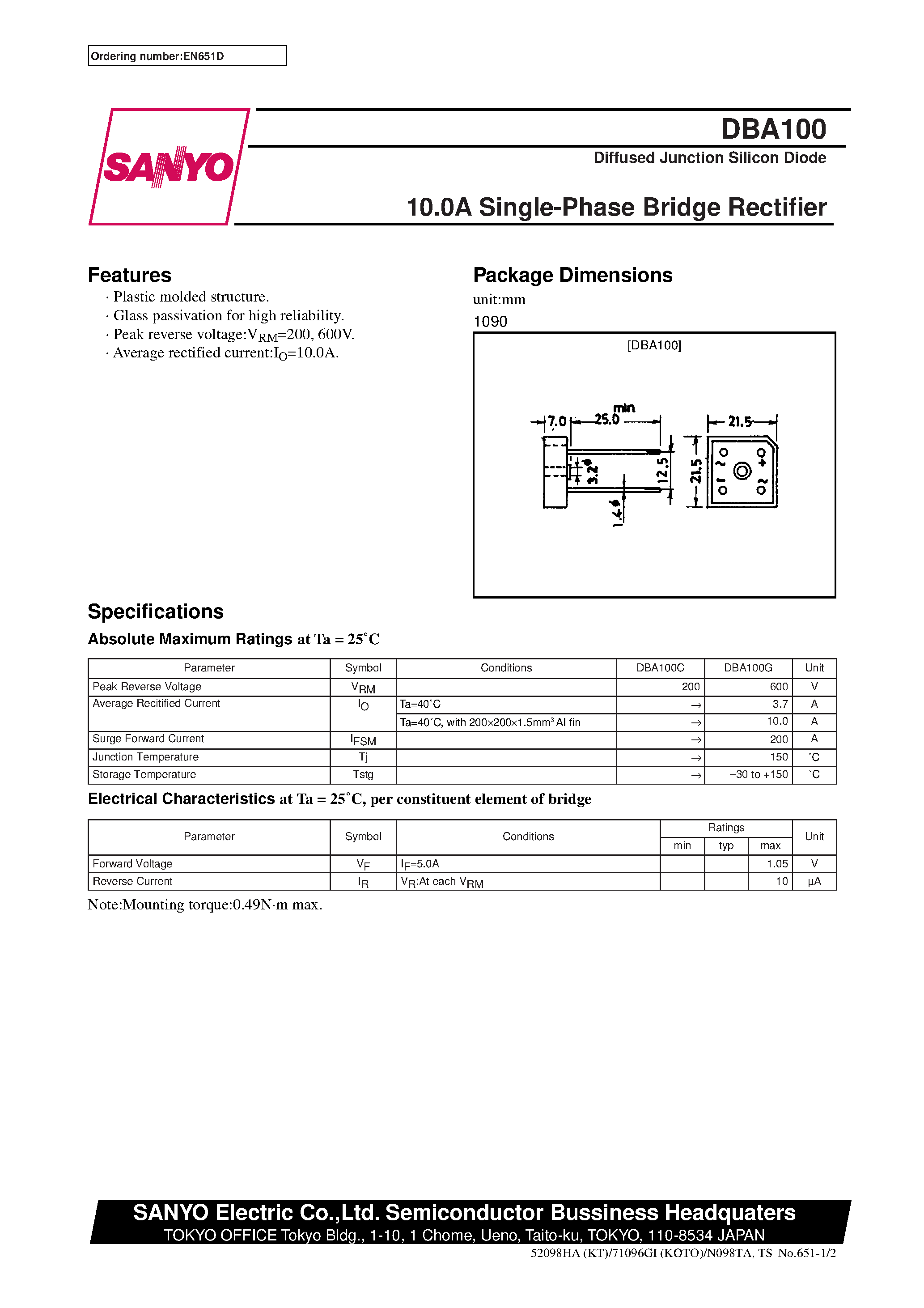 Datasheet DBA100 page 1 Datasheet DBA100 - 10.0A Single-Phase Bridge Rectifier page 1
