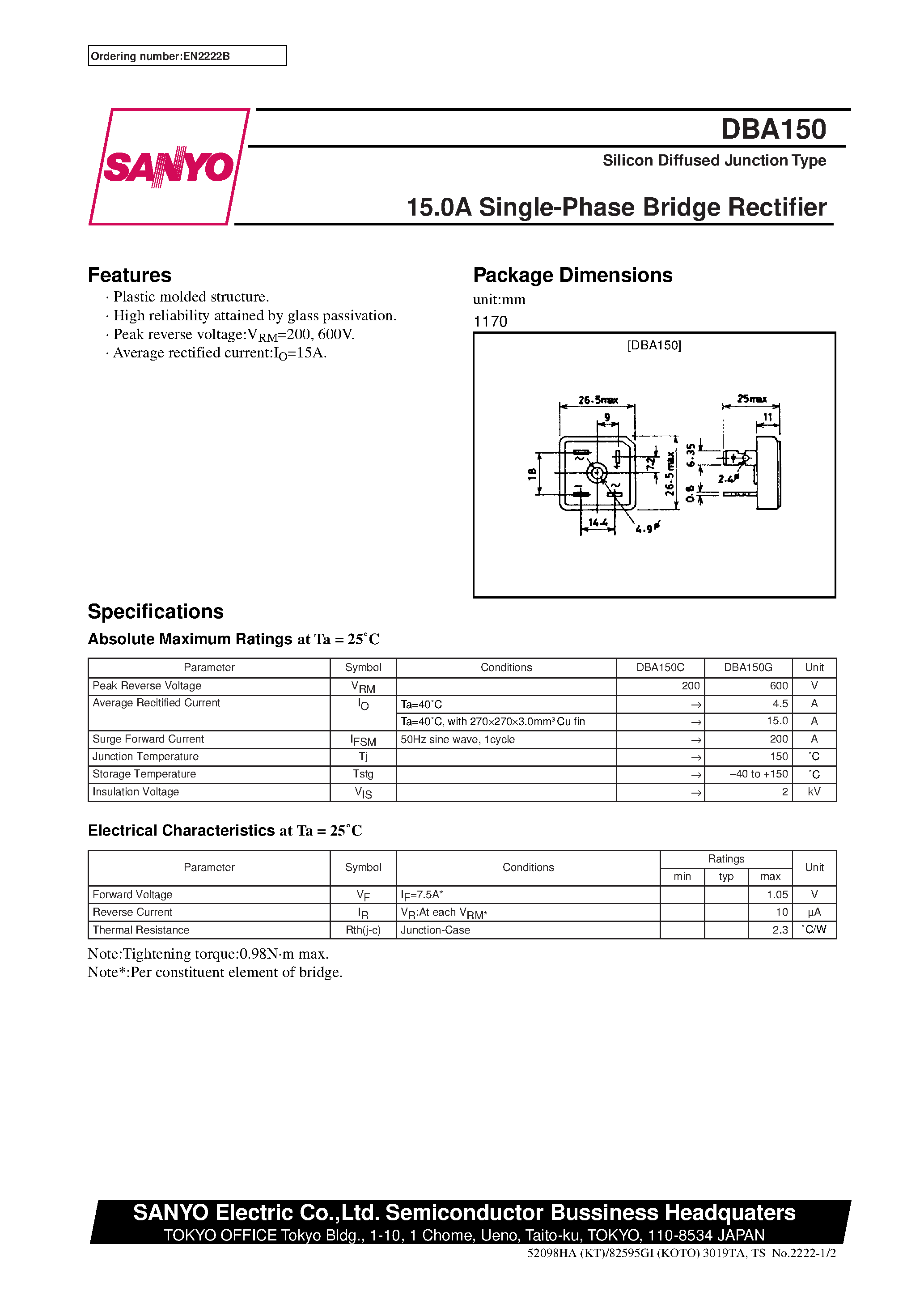 Datasheet DBA150 page 1 Datasheet DBA150 - 15.0A Single-Phase Bridge Rectifier page 1