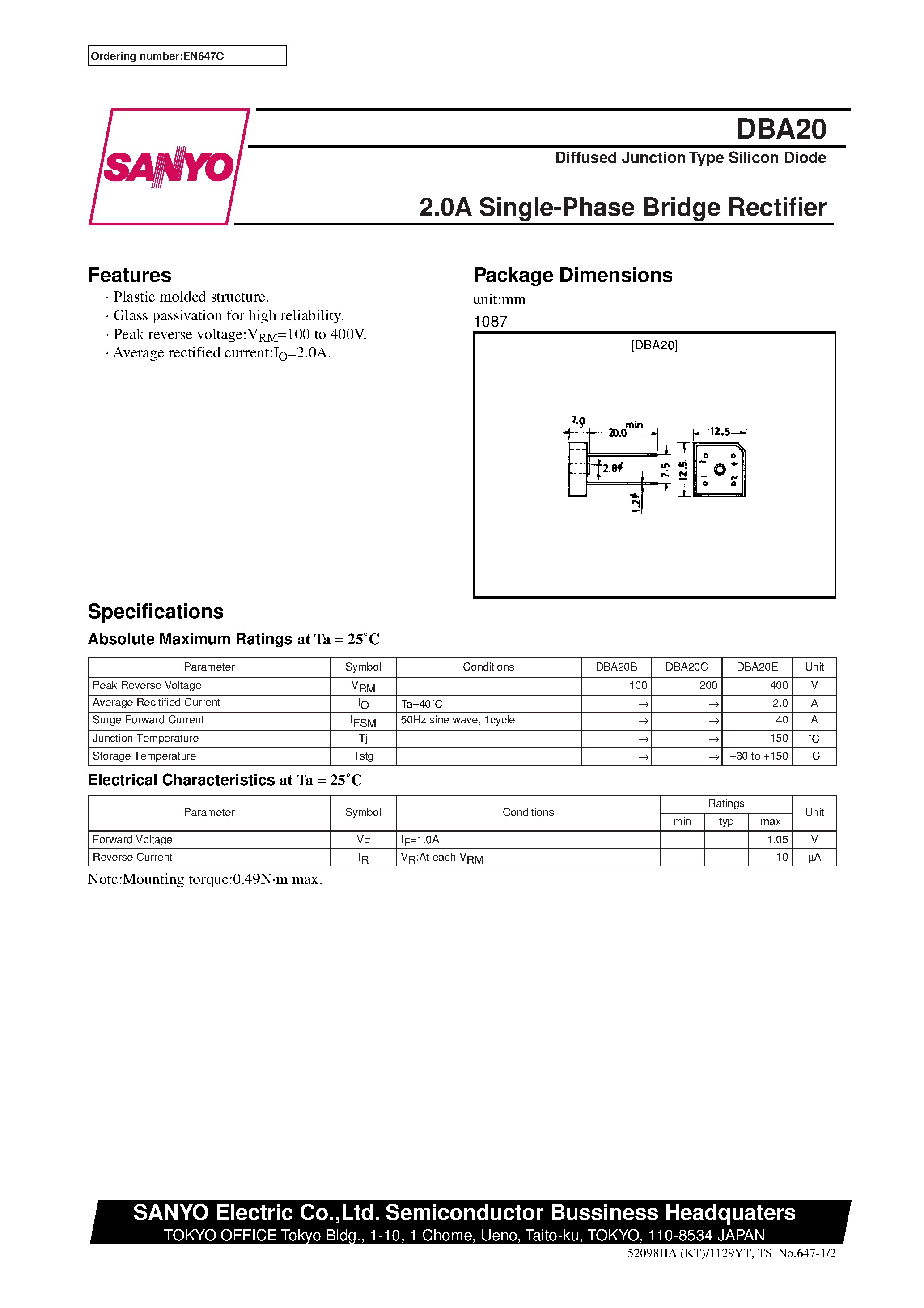 Datasheet DBA20 page 1 Datasheet DBA20 - 2.0A Single-Phase Bridge Rectifier page 1