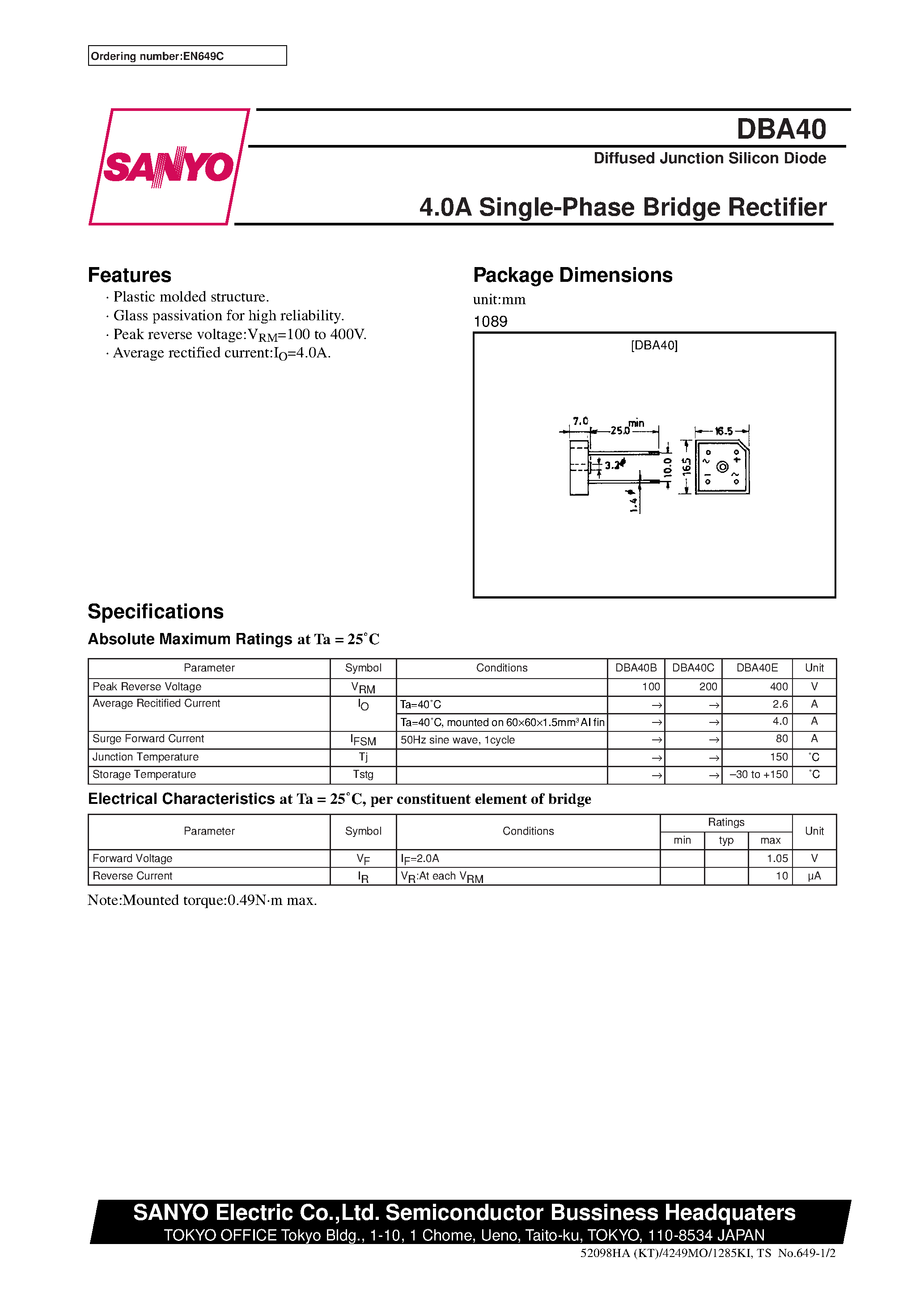 Datasheet DBA40 - 4.0A Single-Phase Bridge Rectifier page 1