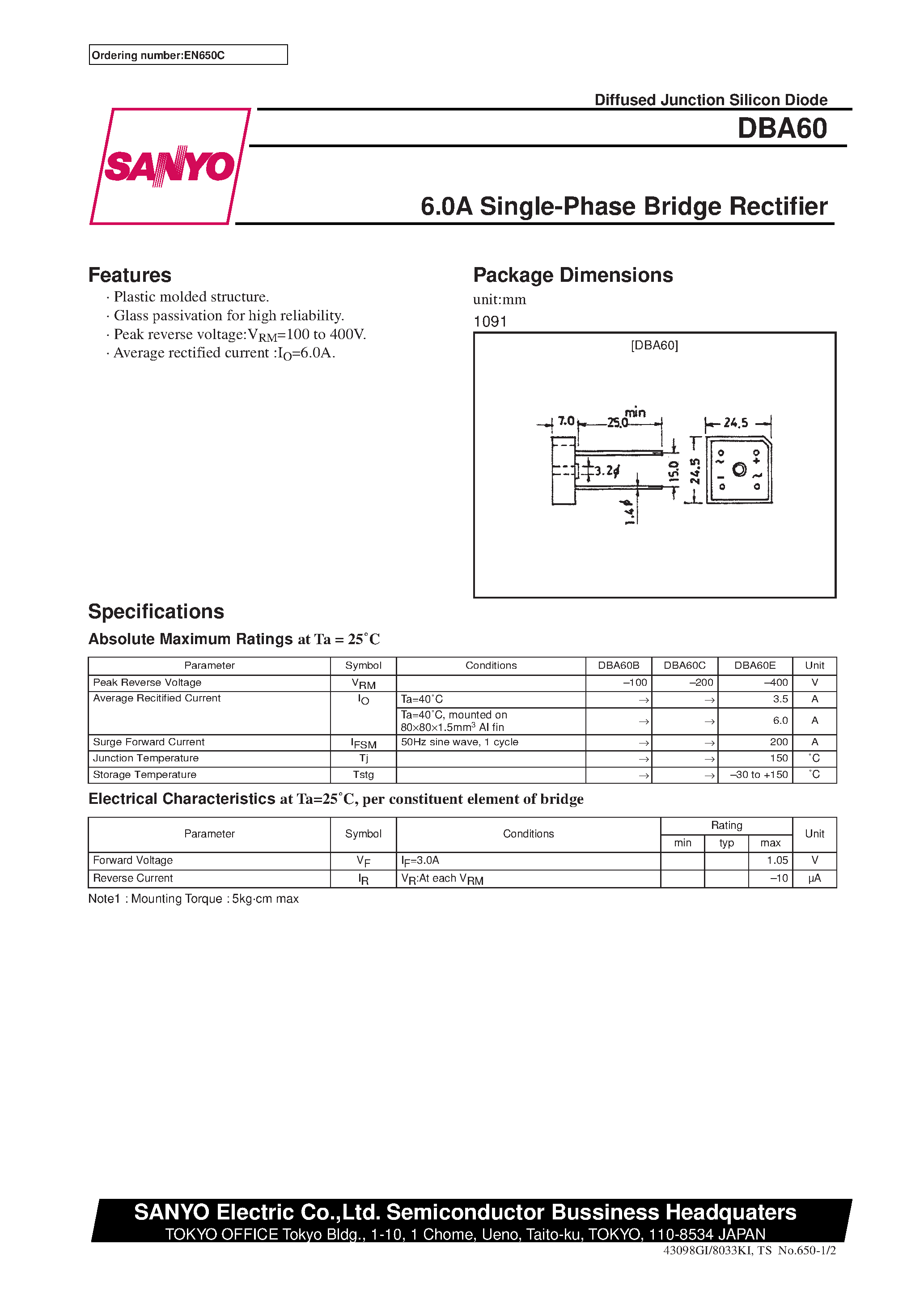 Datasheet DBA60 - 6.0A Single-Phase Bridge Rectifier page 1
