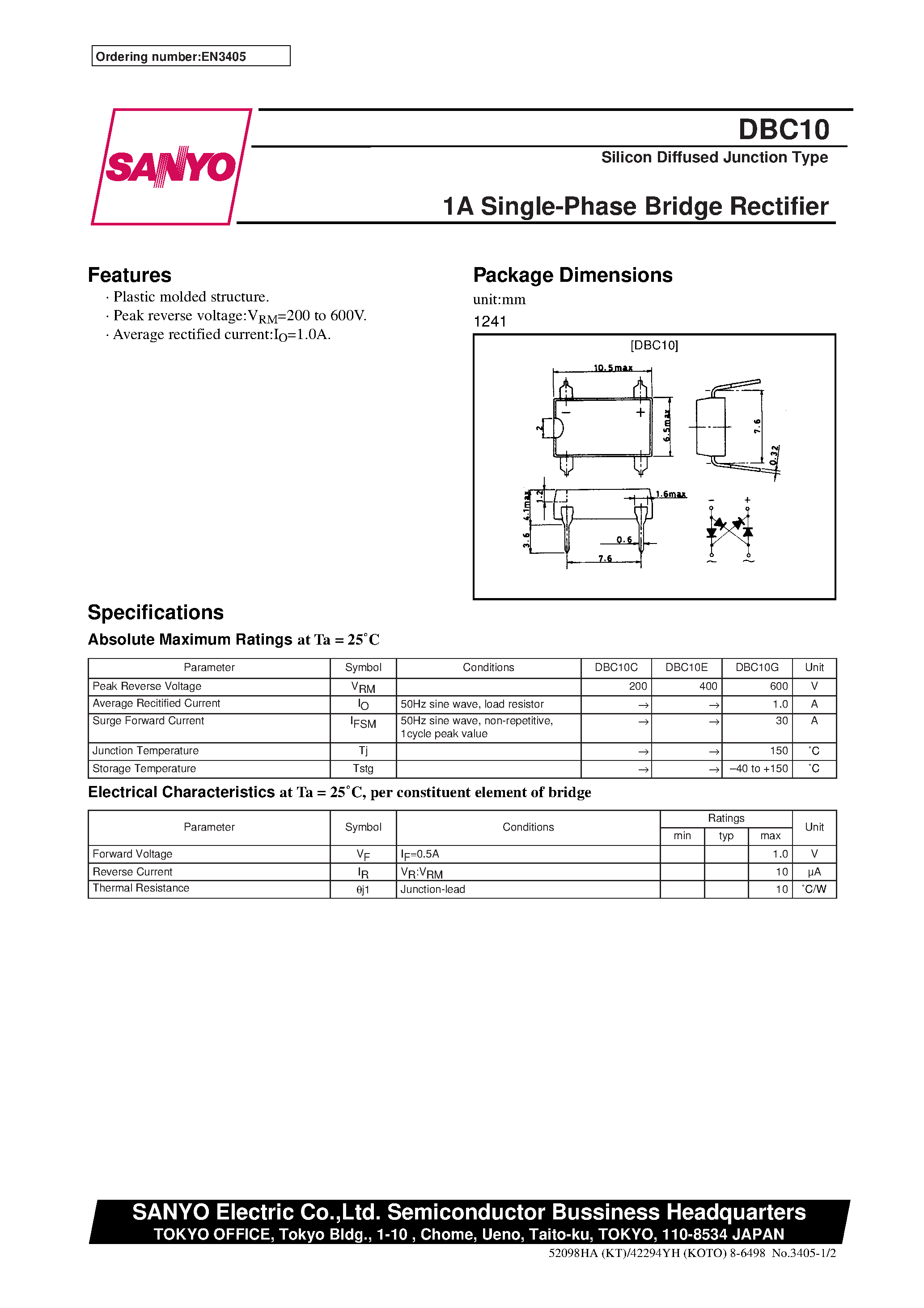Datasheet DBC10 page 1 Datasheet DBC10 - 1A Single-Phase Bridge Rectifier page 1