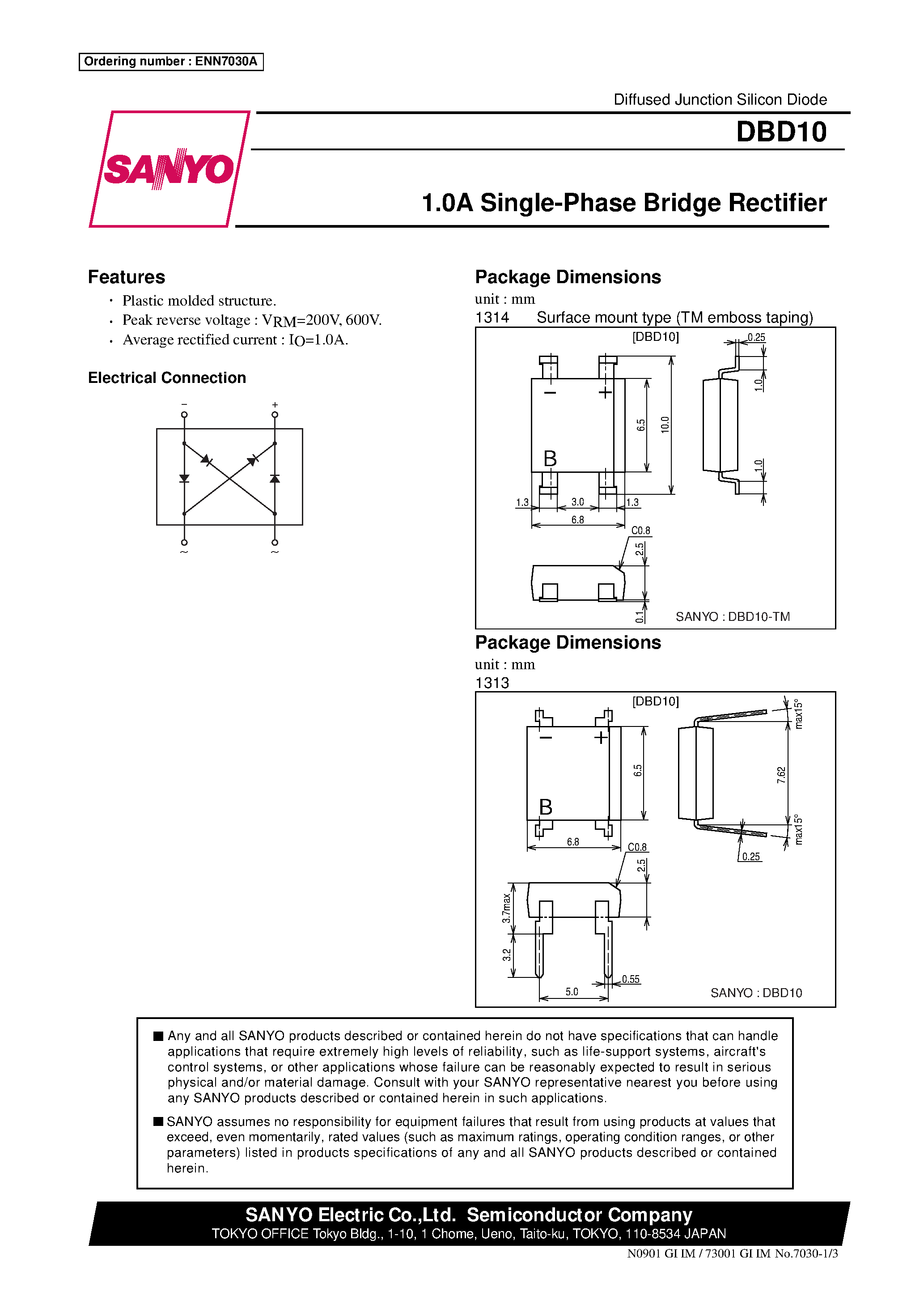 Даташит на микросхему DBD10 страница 1 Даташит DBD10 - 1.0A Single-Phase Bridge Rectifier страница 1