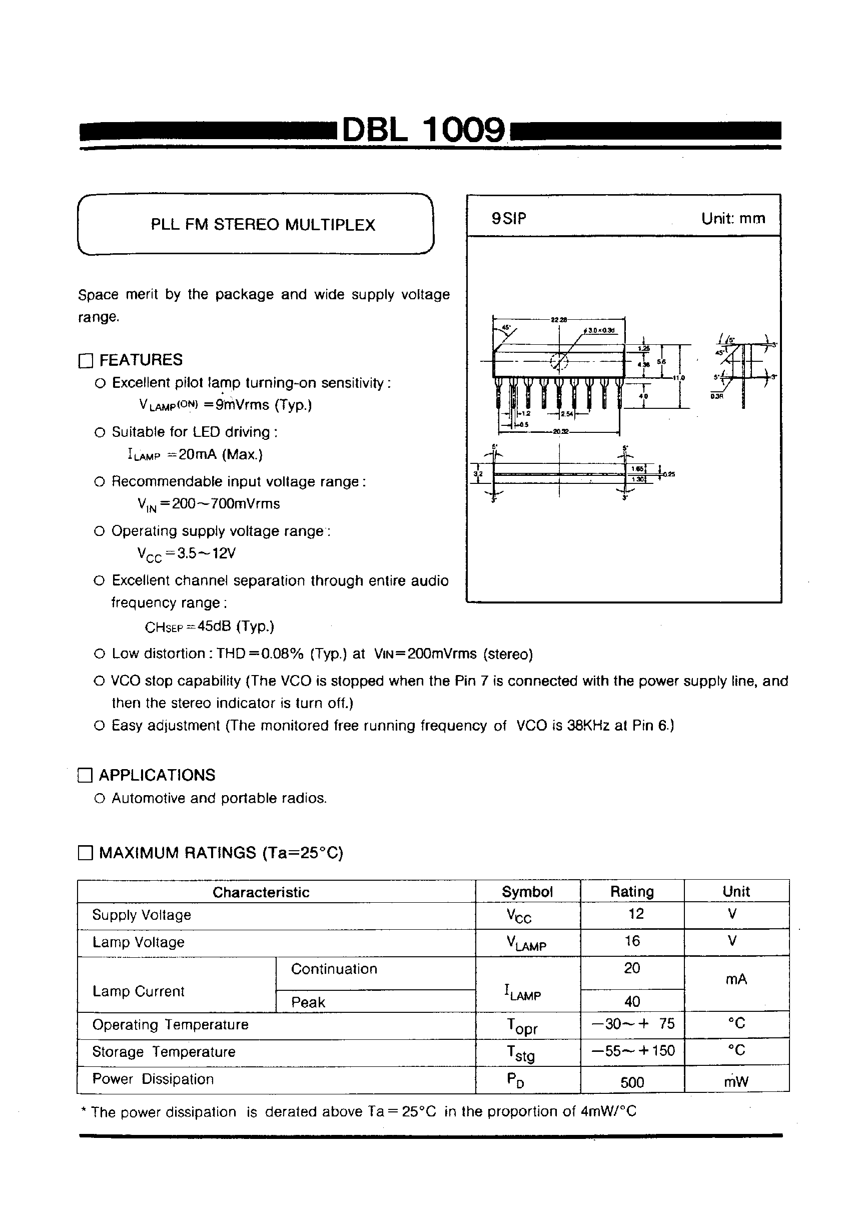 Даташит DBL1009 - PLL FM STEREO MULTIPLEX страница 1