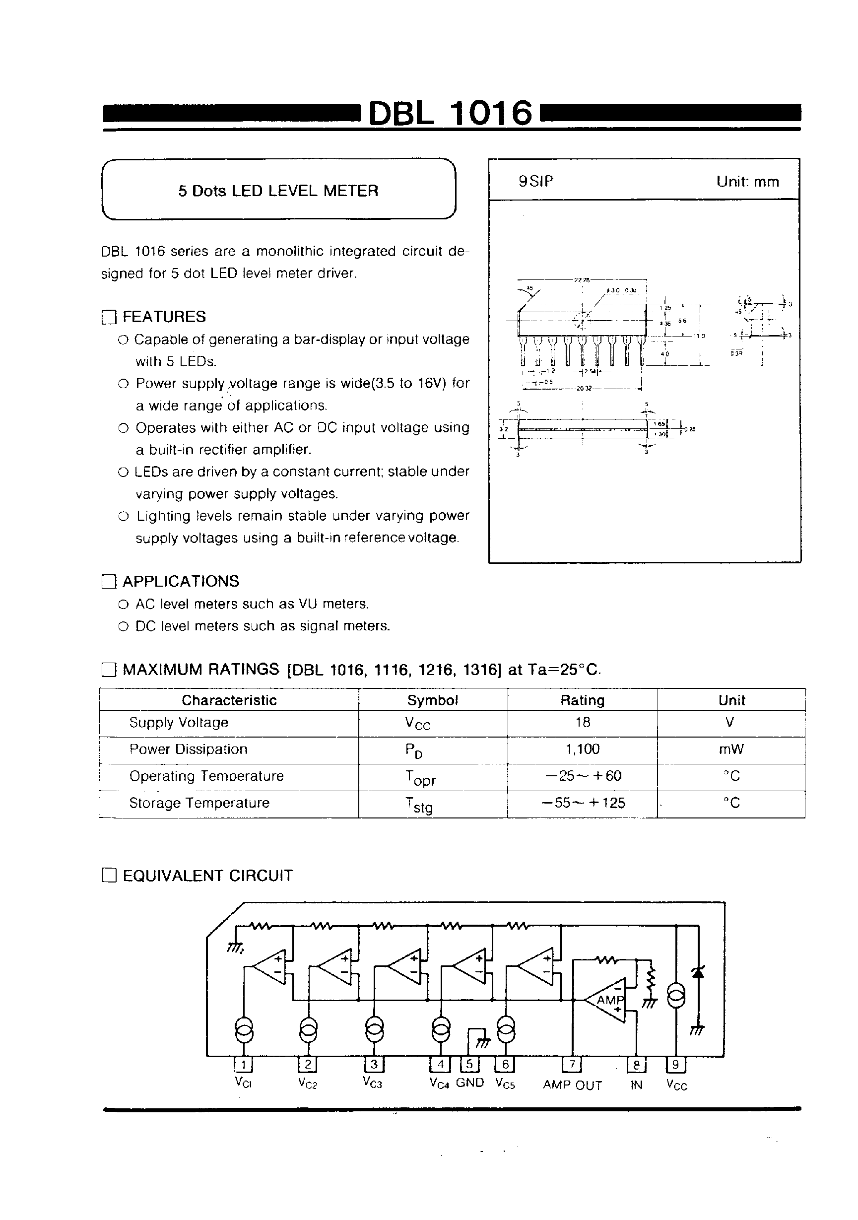 Datasheet DBL1016 - 5 DOTS LED LEVEL METER page 1