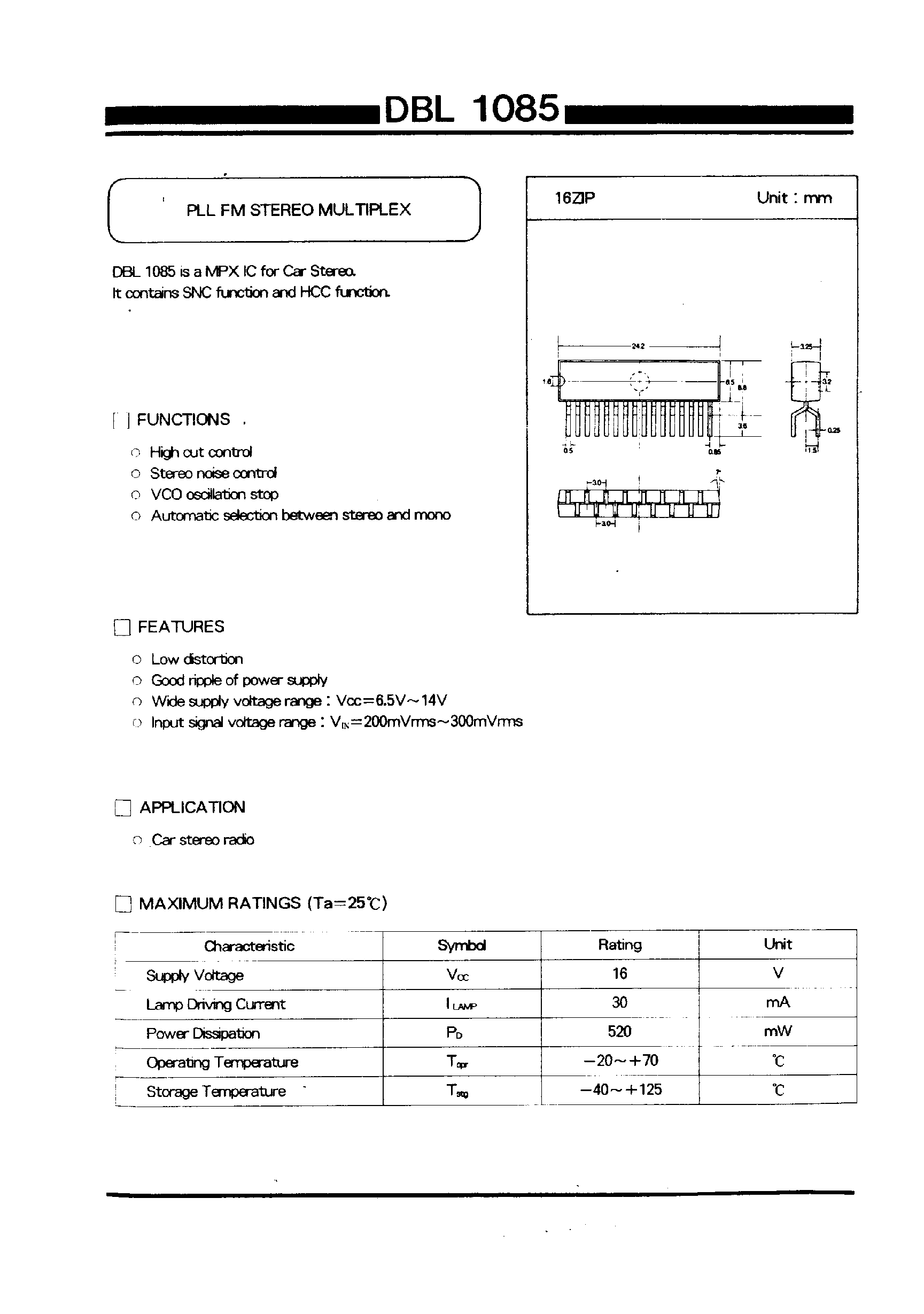 Даташит DBL1085 - PLL FM STEREO MULTIPLEX страница 1