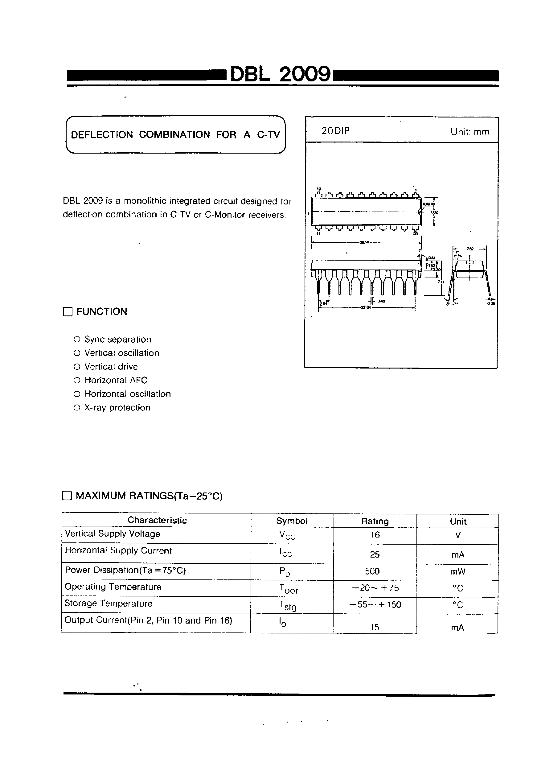 Datasheet DBL2009 page 1 Datasheet DBL2009 - DEFLECTION COMBINATION FOR A C-TV page 1