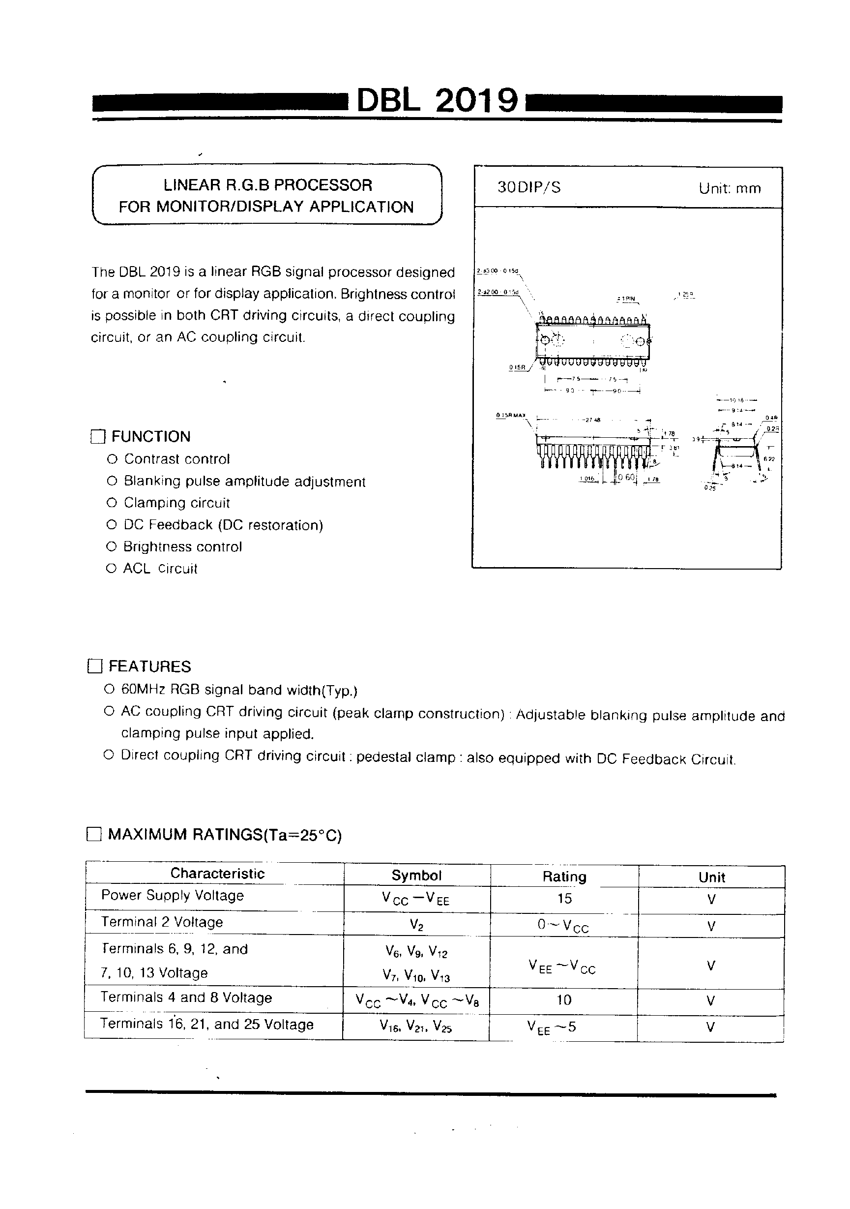 Datasheet DBL2019 page 1 Datasheet DBL2019 - LINEAR R.G.B PROCESSOR FOR MONITOR/DISLAY APPLICATION page 1