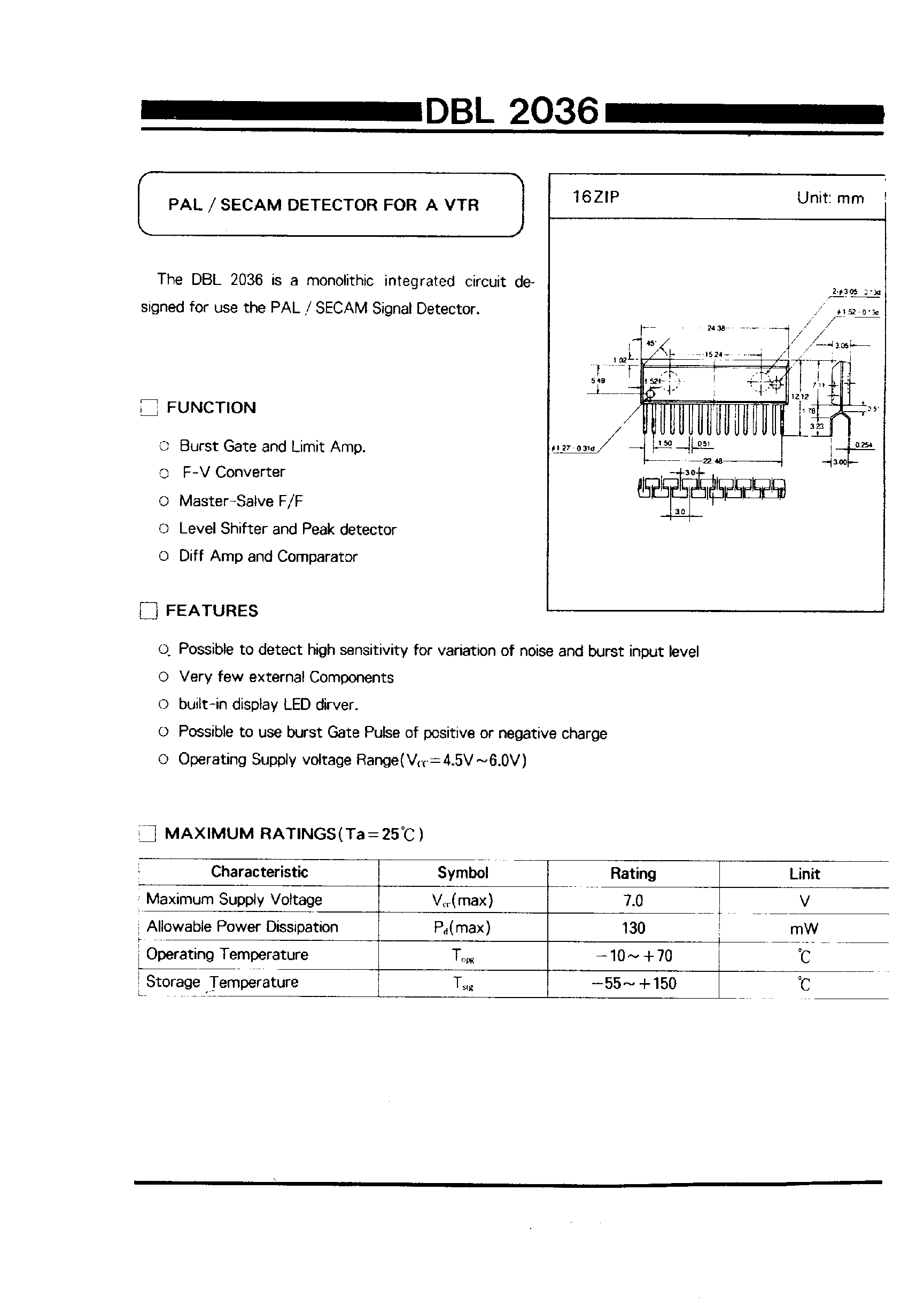 Datasheet DBL2036 - PAL/SECAM DETECTOR FOR A VTR page 1