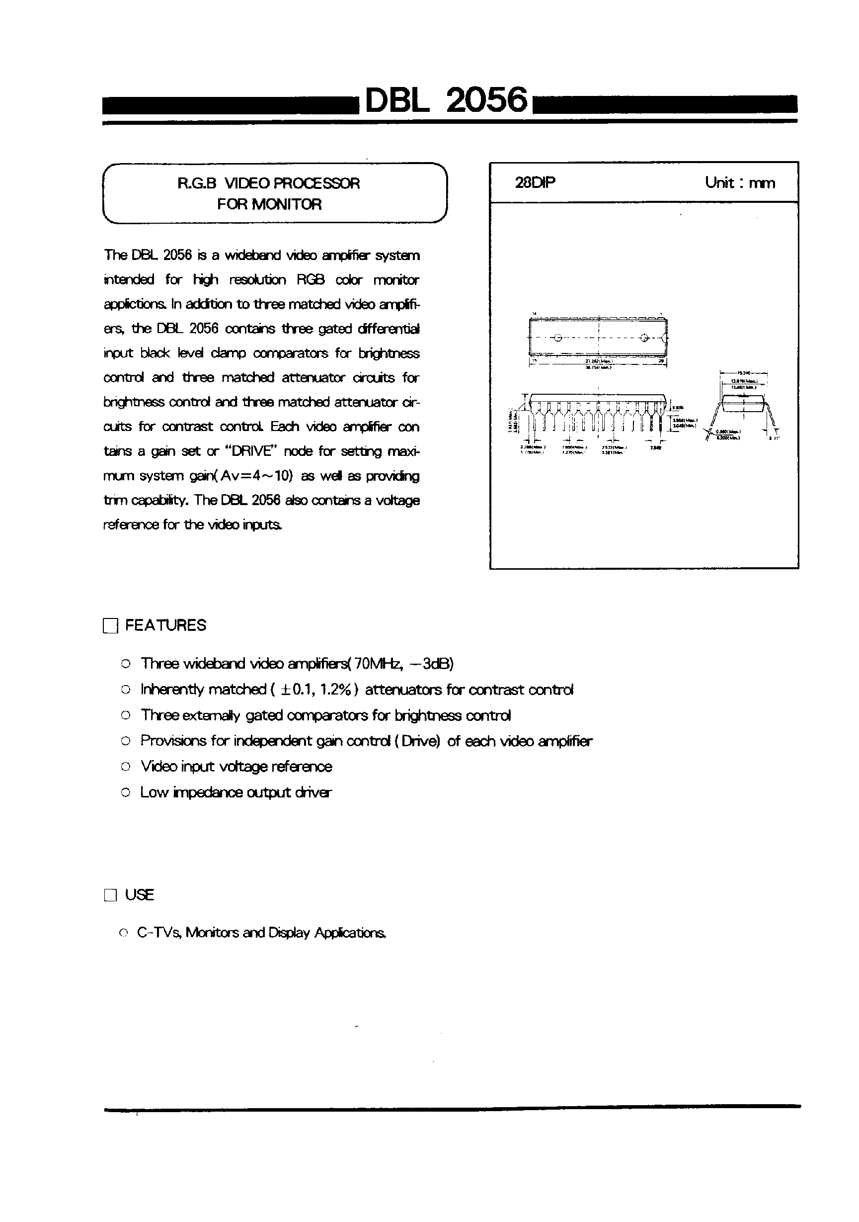 Datasheet DBL2056 page 1 Datasheet DBL2056 - R.G.B VIDEO PROCESSOR FOR MONITOR page 1