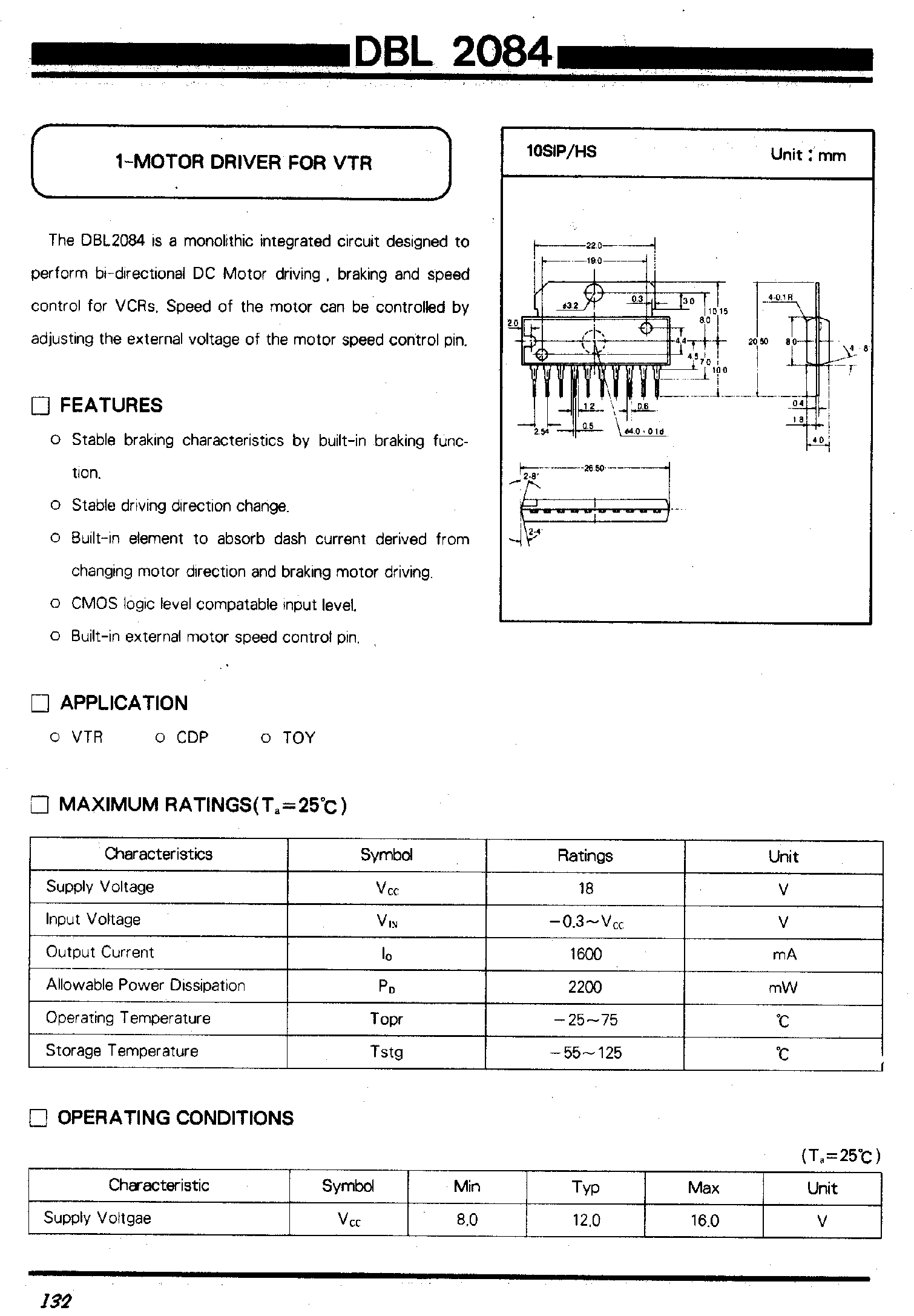 Даташит DBL2084 - 1-MOTOR DRIVER FOR VTR страница 1