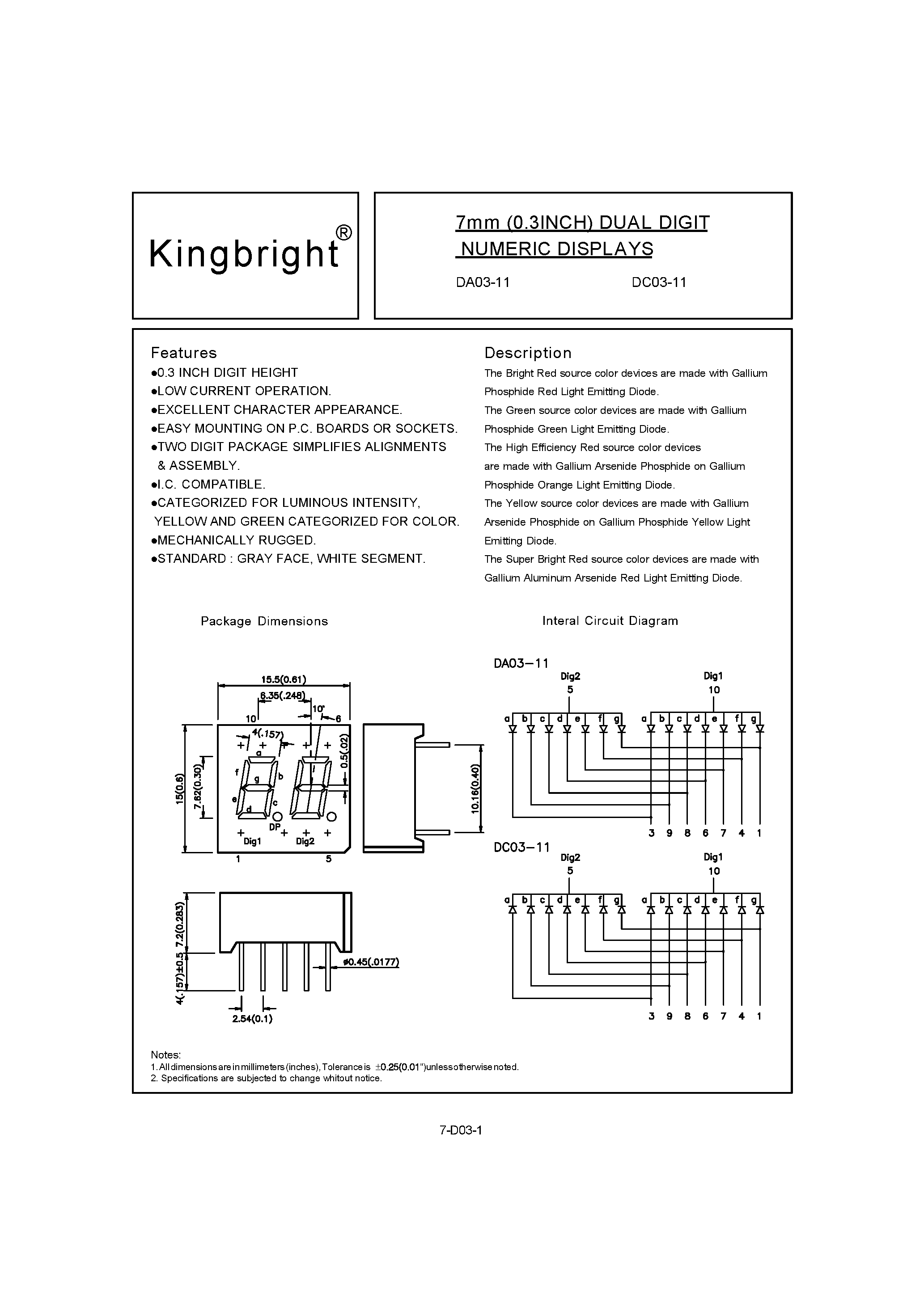Datasheet DC03-11HWA - 7mm (0.3INCH) DUAL DIGIT NUMERIC DISPLAYS page 1