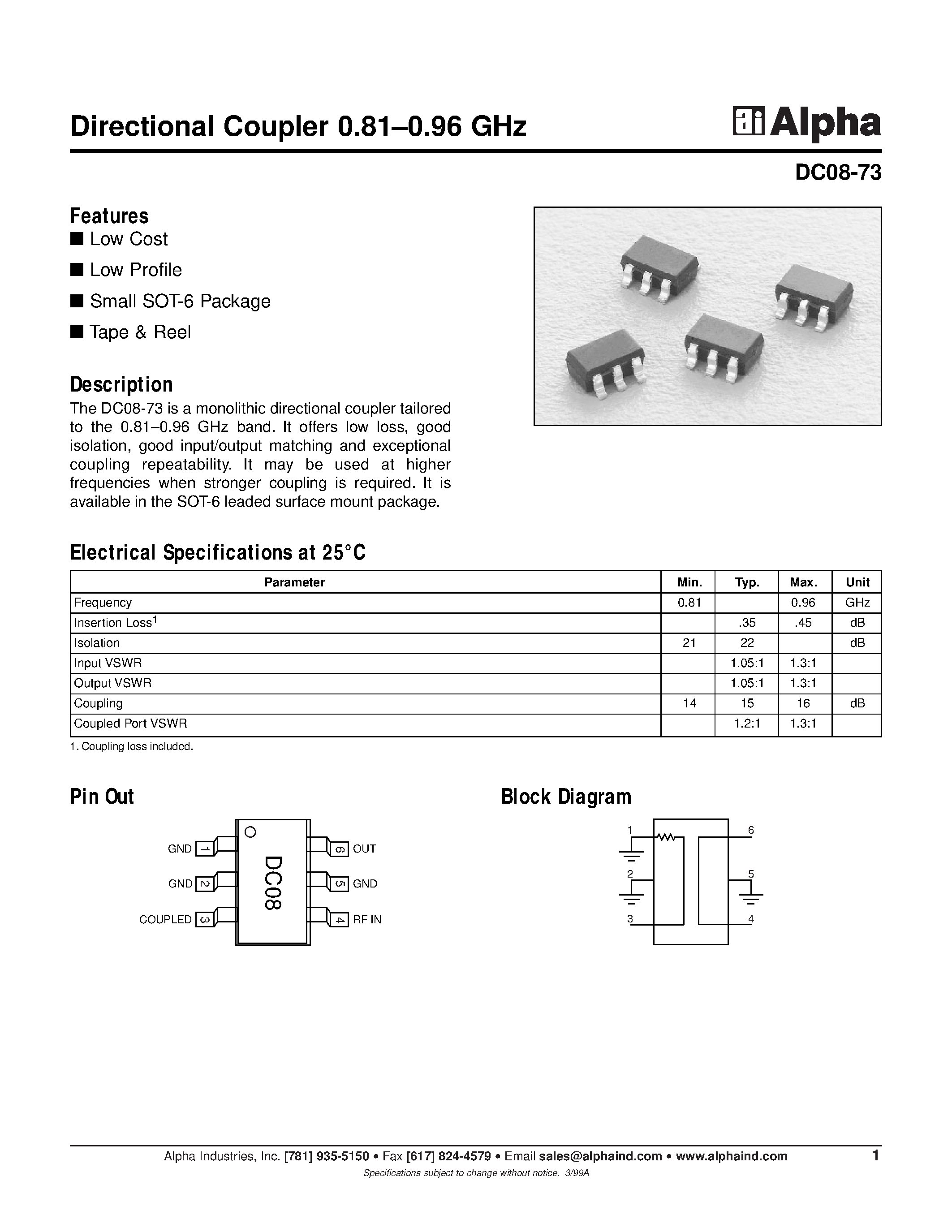Datasheet DC08-73 - Directional Coupler 0.81-0.96 GHz page 1