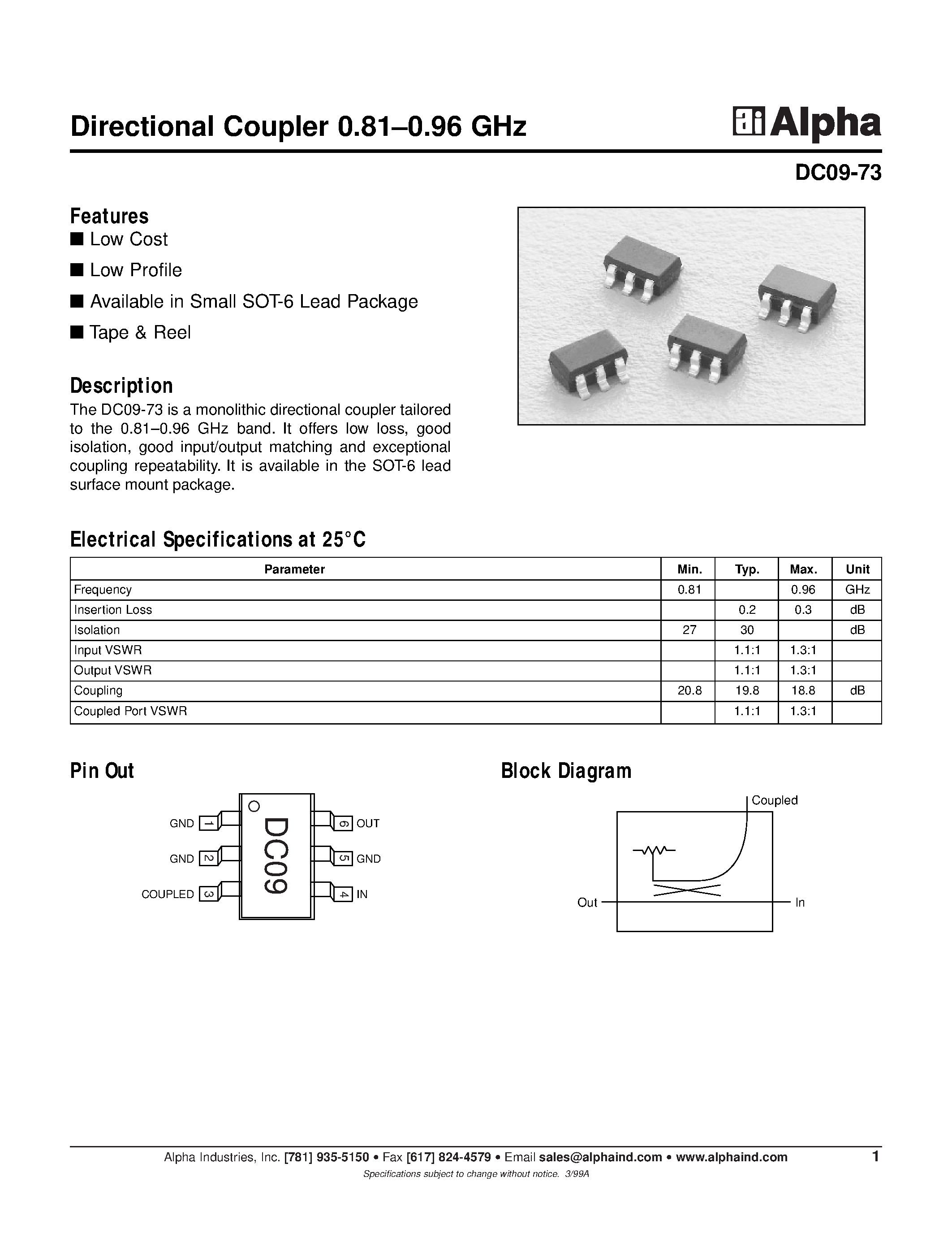 Datasheet DC09-73 - Directional Coupler 0.81-0.96 GHz page 1
