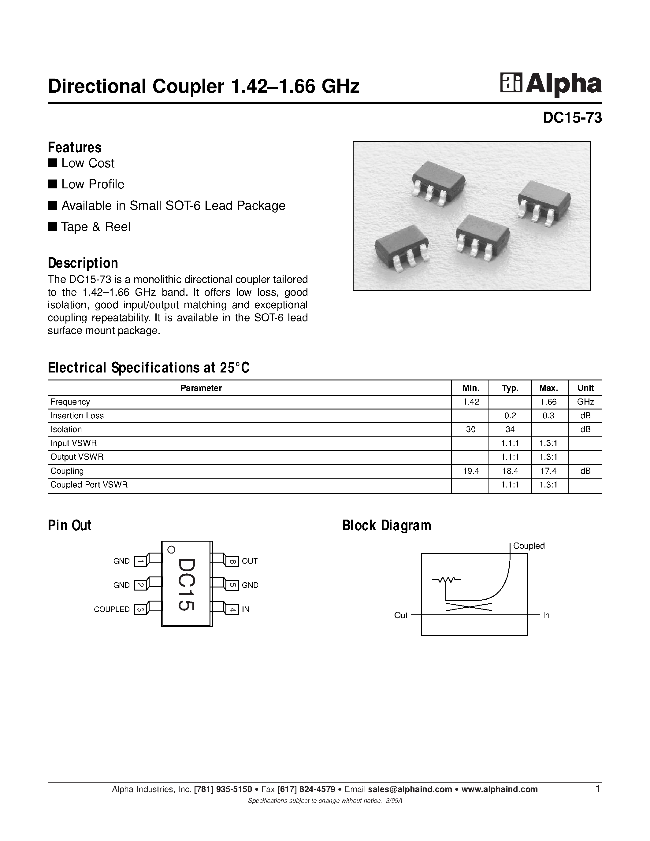 Datasheet DC15-73 - Directional Coupler 1.42-1.66 GHz page 1