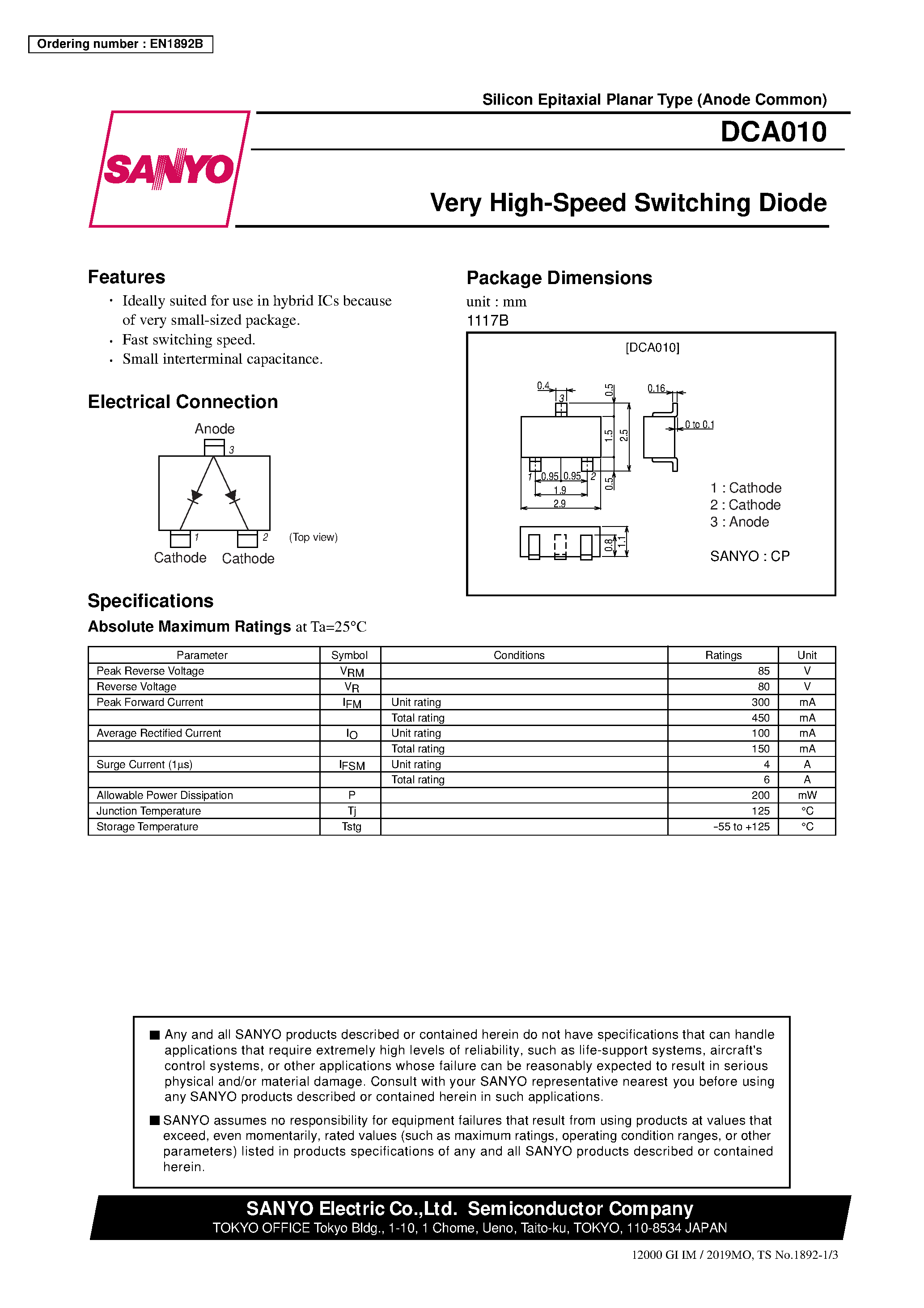 Даташит на микросхему DCA010 страница 1 Даташит DCA010 - Very High-Speed Switching Diode страница 1