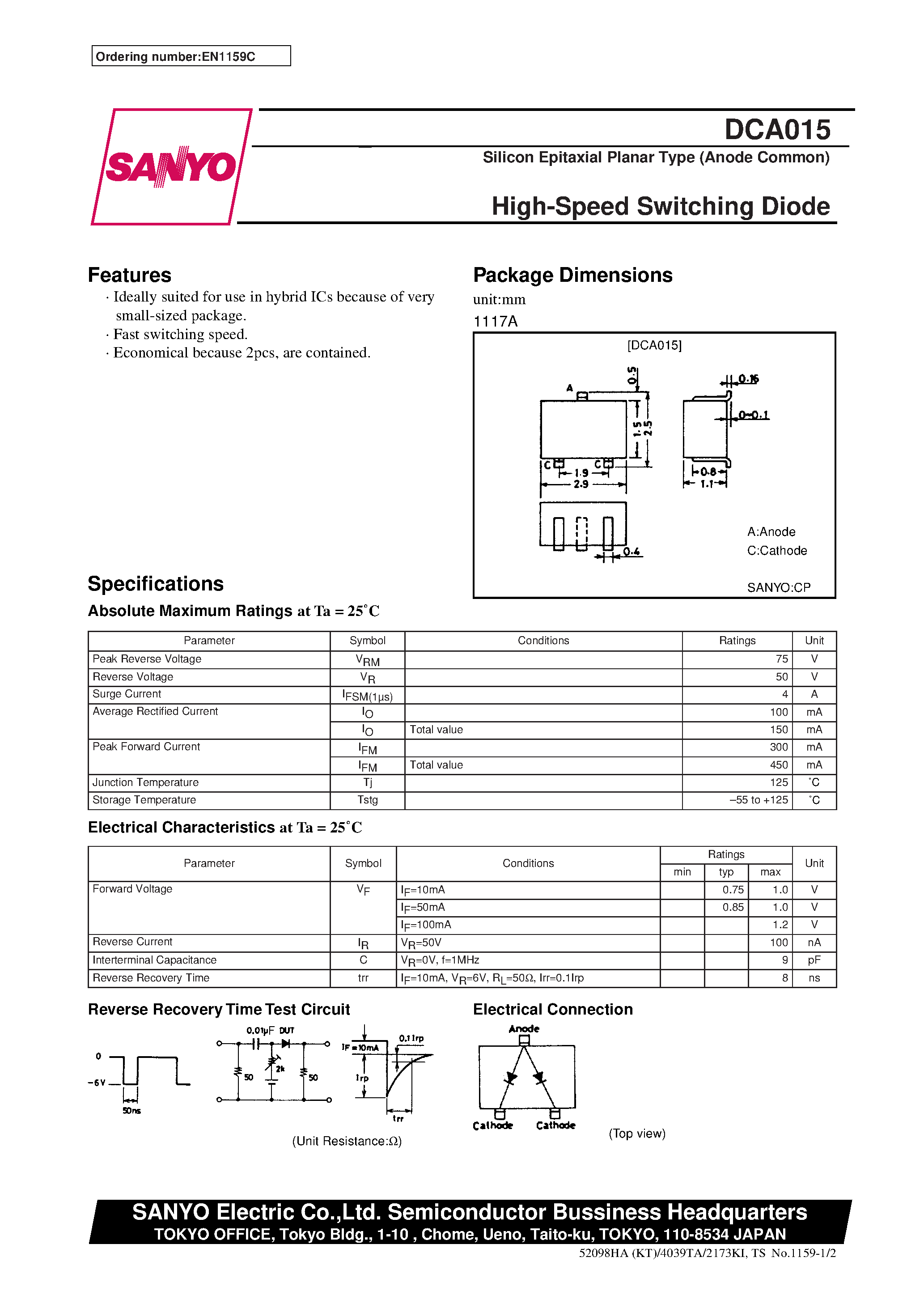 Даташит на микросхему DCA015 страница 1 Даташит DCA015 - High-Speed Switching Diode страница 1