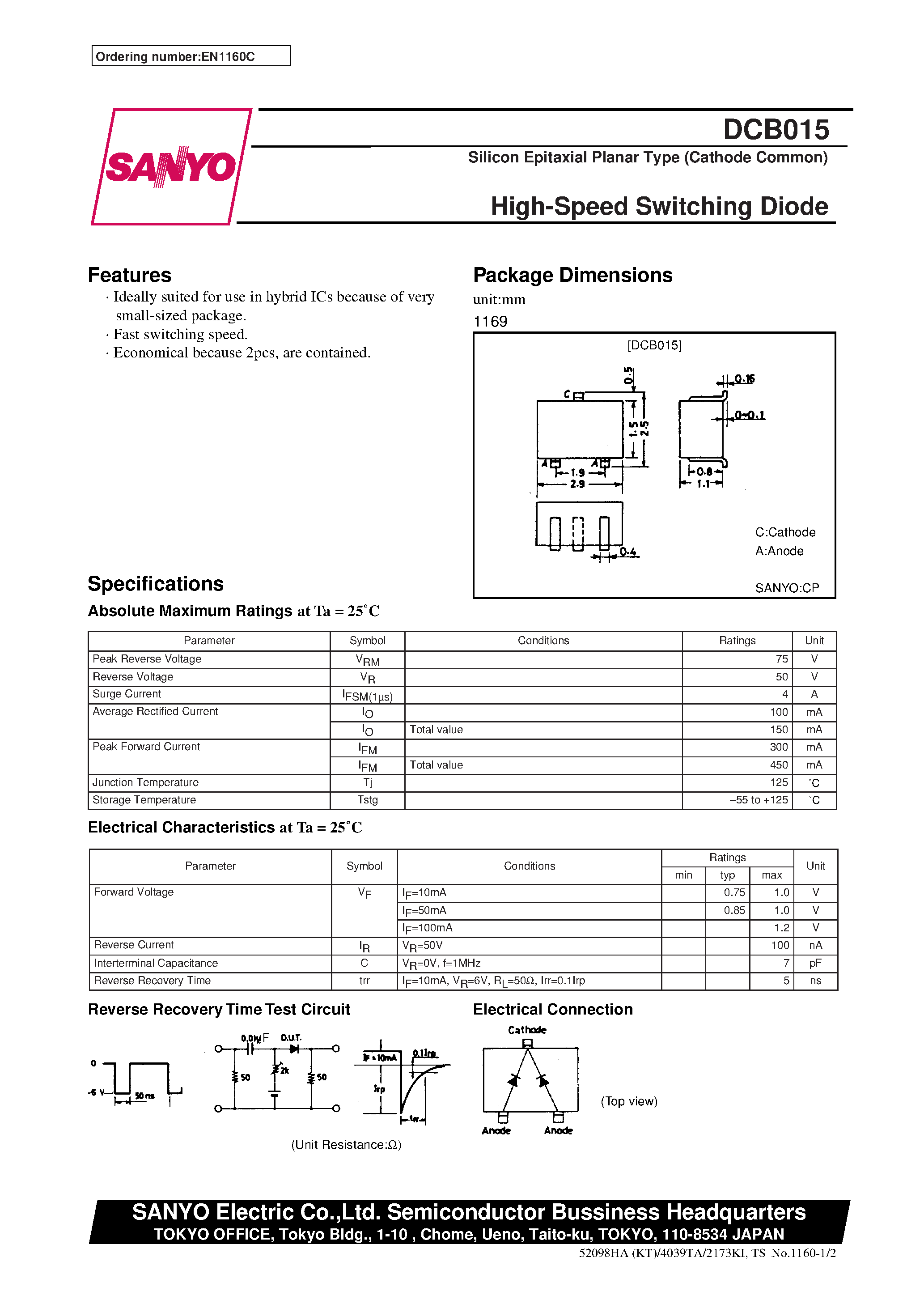 Даташит на микросхему DCB015 страница 1 Даташит DCB015 - High-Speed Switching Diode страница 1