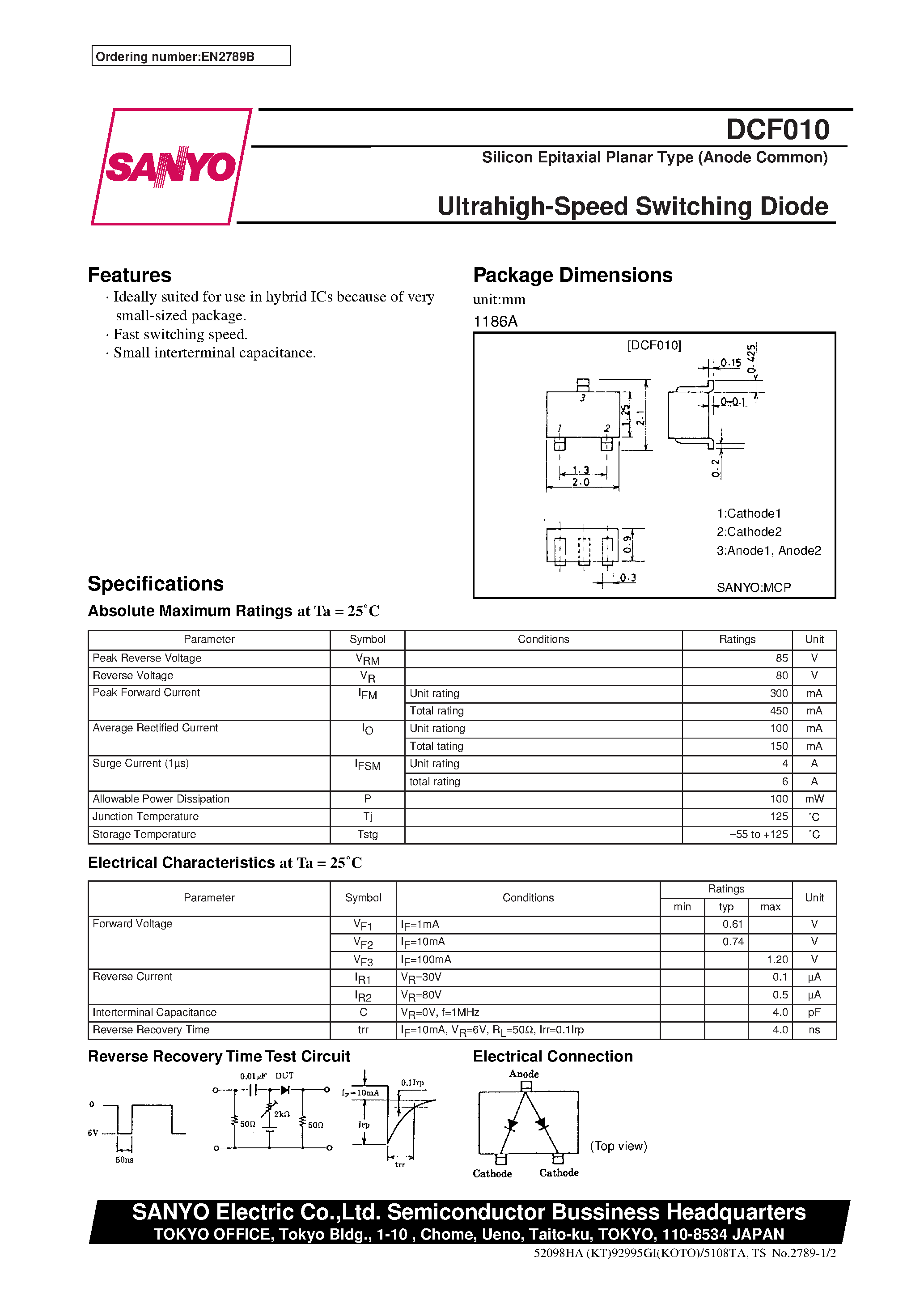 Даташит на микросхему DCF010 страница 1 Даташит DCF010 - Ultrahigh-Speed Switching Diode страница 1