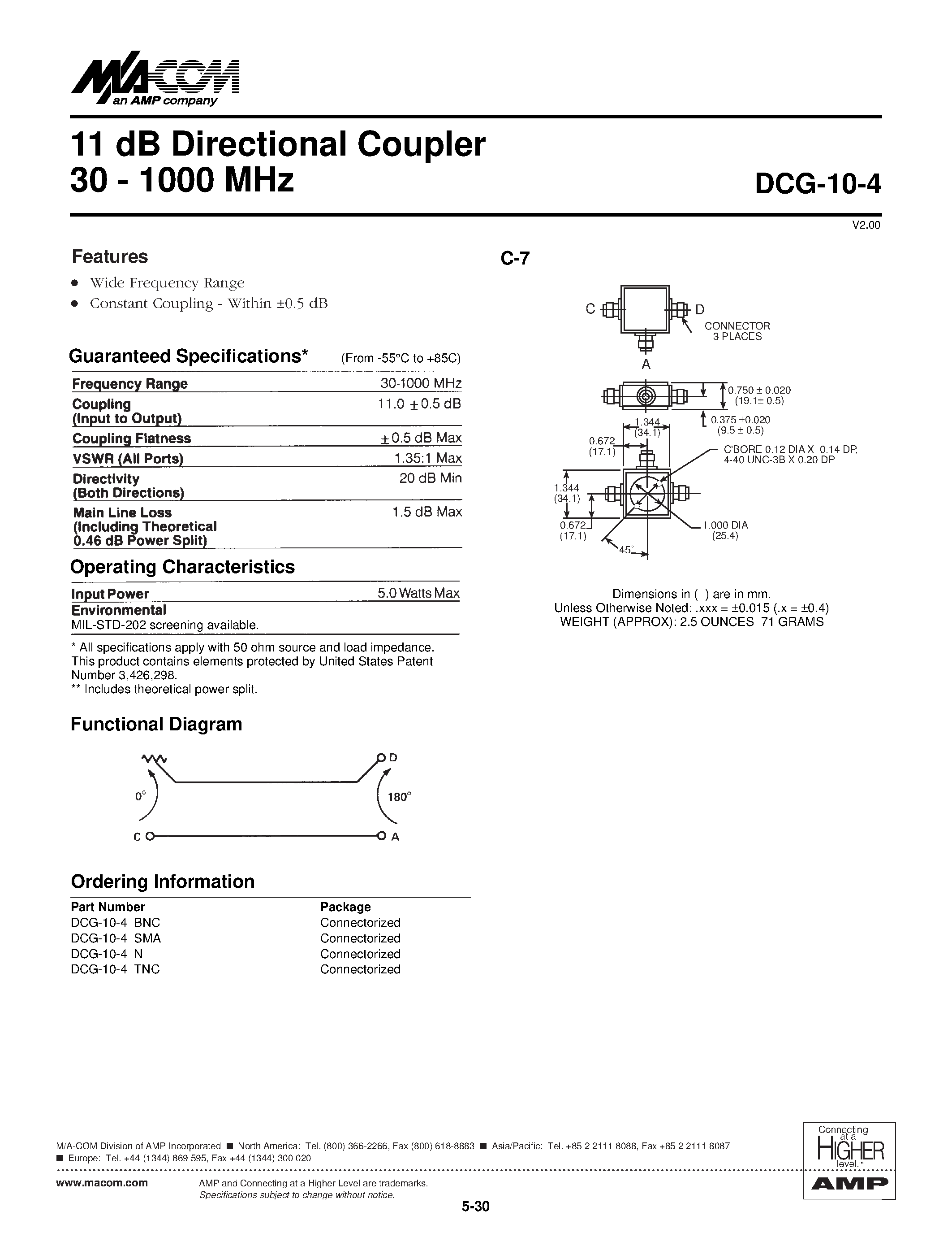 Datasheet DCG-10-4 page 1 Datasheet DCG-10-4 - 11 dB Directional Coupler 30 - 1000 MHz page 1