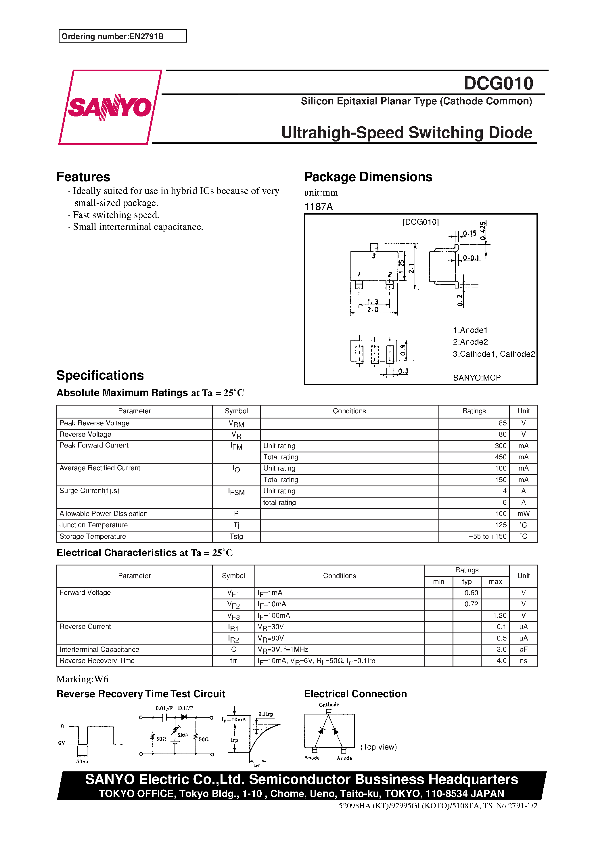 Даташит на микросхему DCG010 страница 1 Даташит DCG010 - Ultrahigh-Speed Switching Diode страница 1