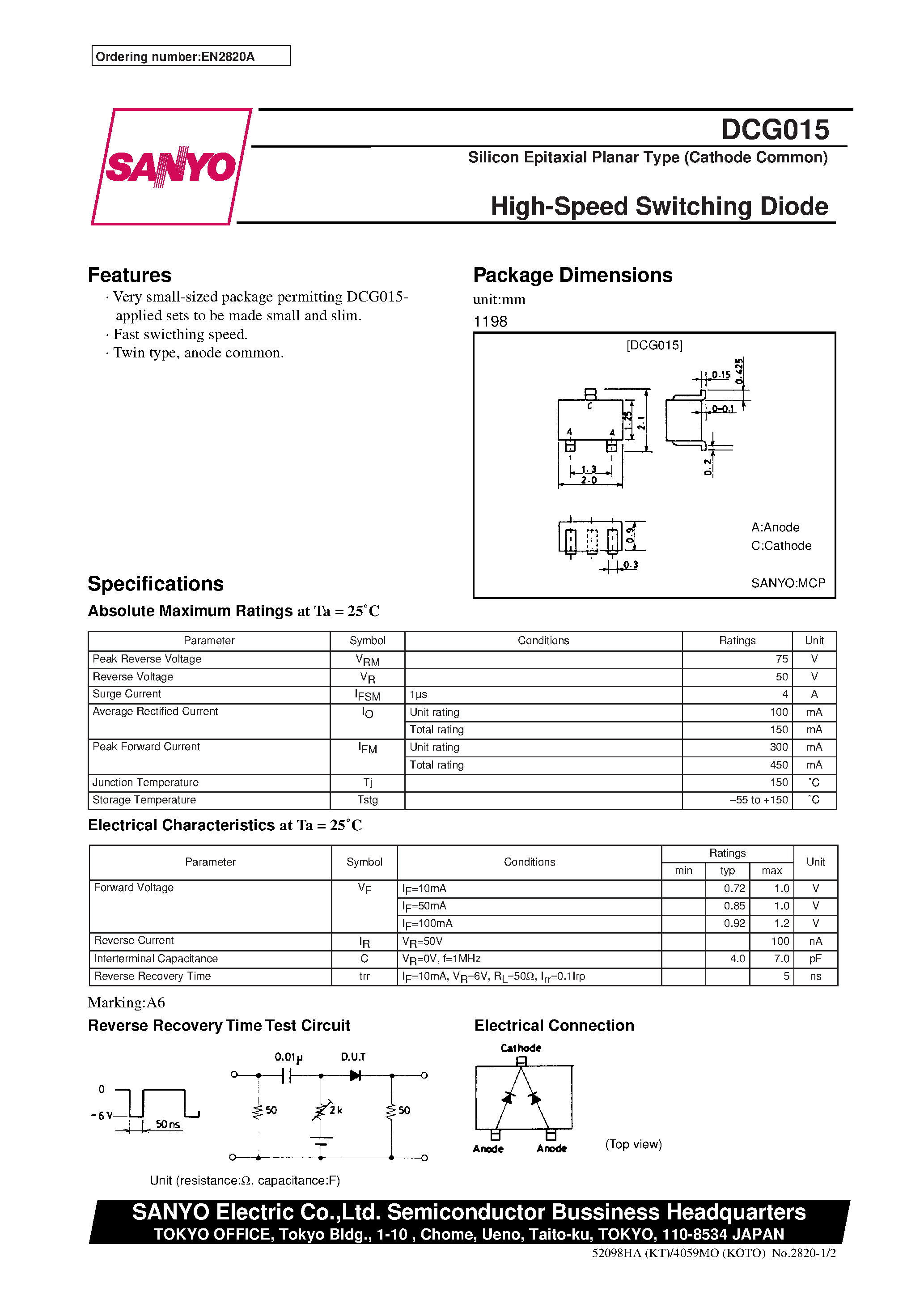 Даташит на микросхему DCG015 страница 1 Даташит DCG015 - High-Speed Switching Diode страница 1