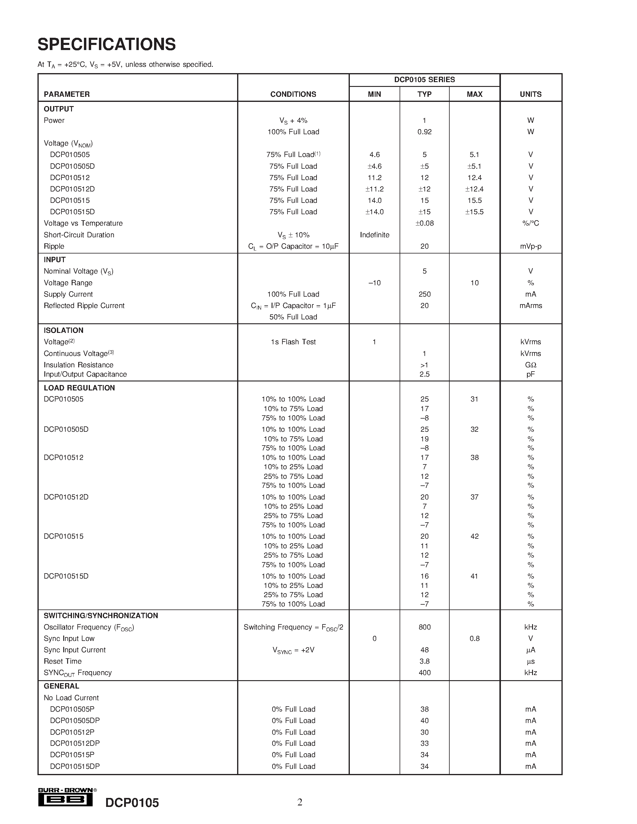 Datasheet DCP010505DP-U - Miniature 5V Input/ 1W Isolated UNREGULATED DC/DC CONVERTERS page 2