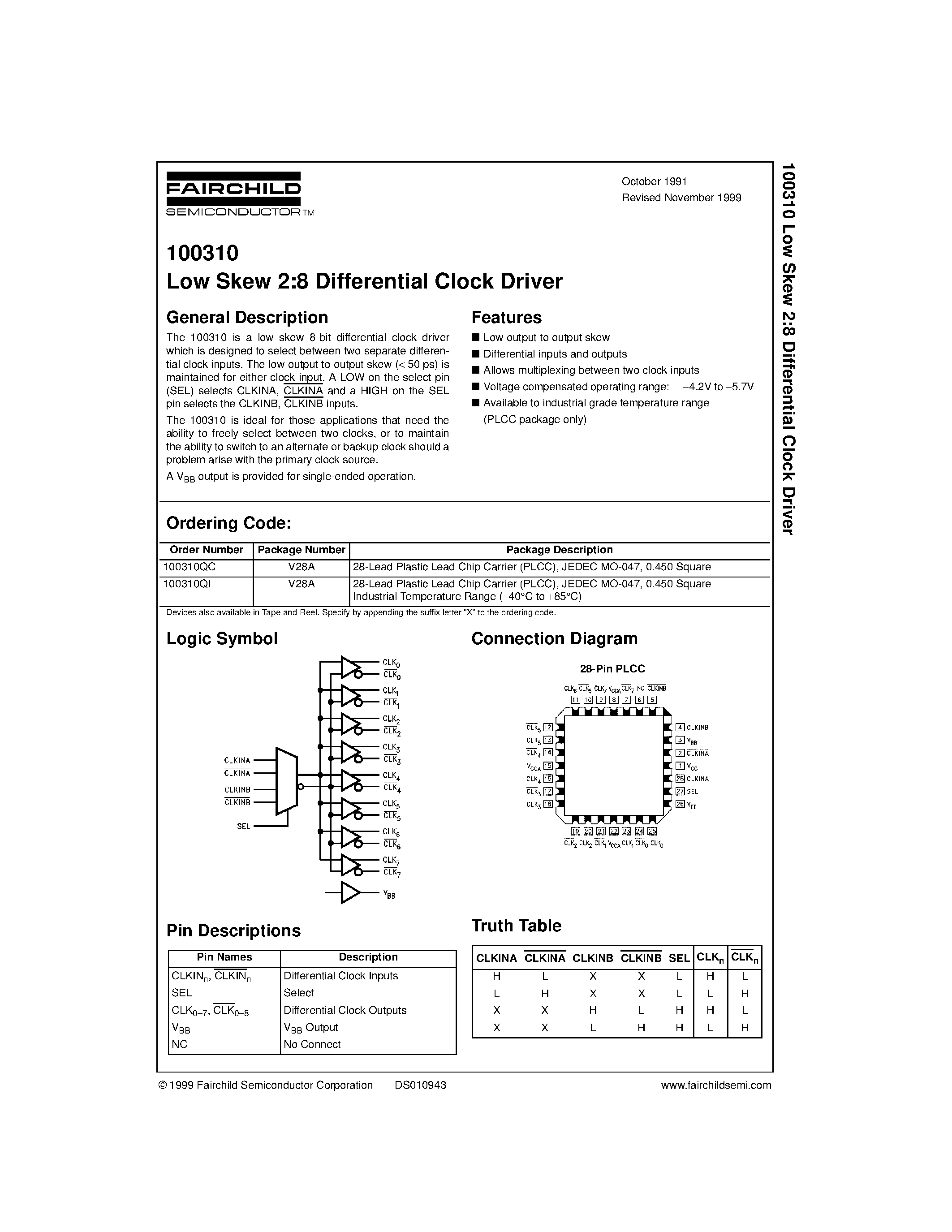 Даташит на микросхему 100310QC страница 1 Даташит 100310QC - Low Skew 2:8 Differential Clock Driver страница 1