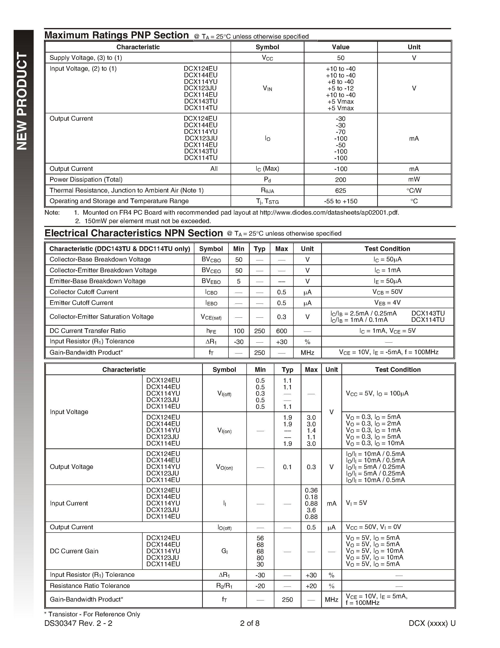 Datasheet DCX114EU-7 page 2 Datasheet DCX114EU-7 - COMPLEMENTARY NPN/PNP PRE-BIASED SMALL SIGNAL SOT-363 DUAL SURFACE MOUNT TRANSISTOR page 2