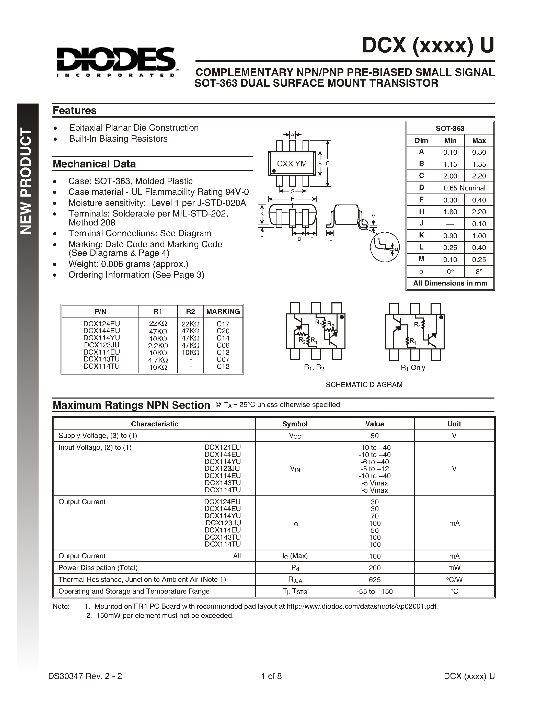 Datasheet DCX114YU-7 - COMPLEMENTARY NPN/PNP PRE-BIASED SMALL SIGNAL SOT-363 DUAL SURFACE MOUNT TRANSISTOR page 1