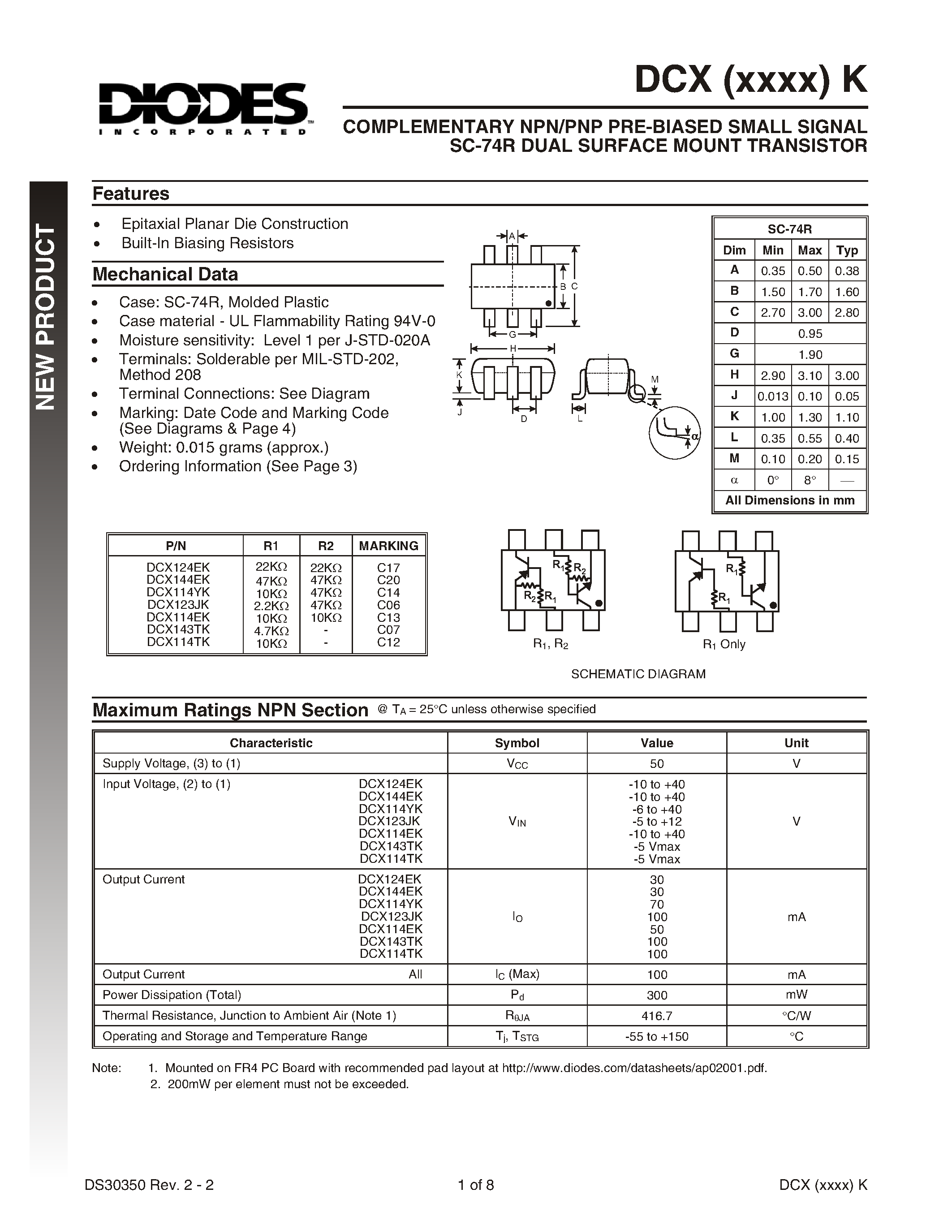 Datasheet DCX124EK-7 page 1 Datasheet DCX124EK-7 - COMPLEMENTARY NPN/PNP PRE-BIASED SMALL SIGNAL SC-74R DUAL SURFACE MOUNT TRANSISTOR page 1