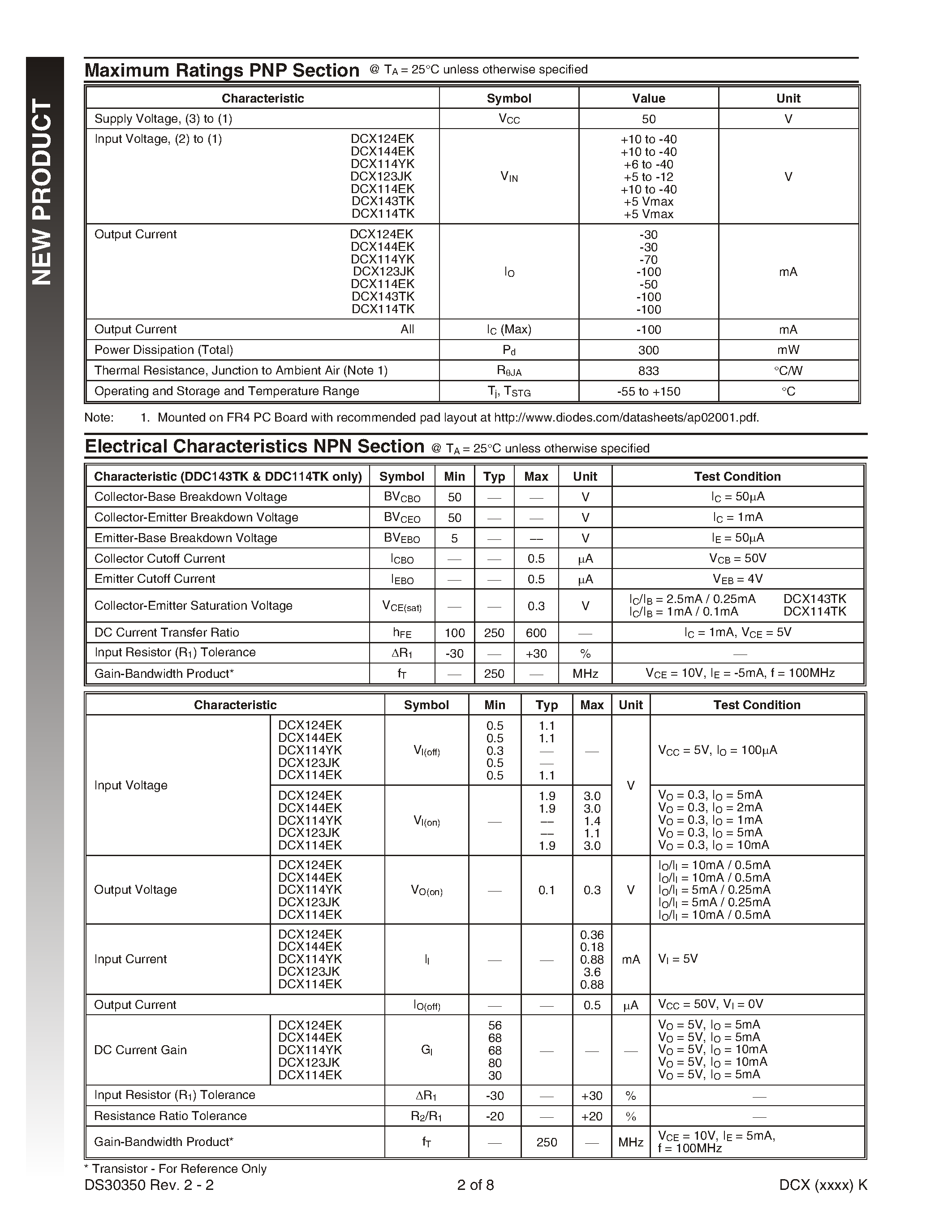 Datasheet DCX144EK-7 - COMPLEMENTARY NPN/PNP PRE-BIASED SMALL SIGNAL SC-74R DUAL SURFACE MOUNT TRANSISTOR page 2