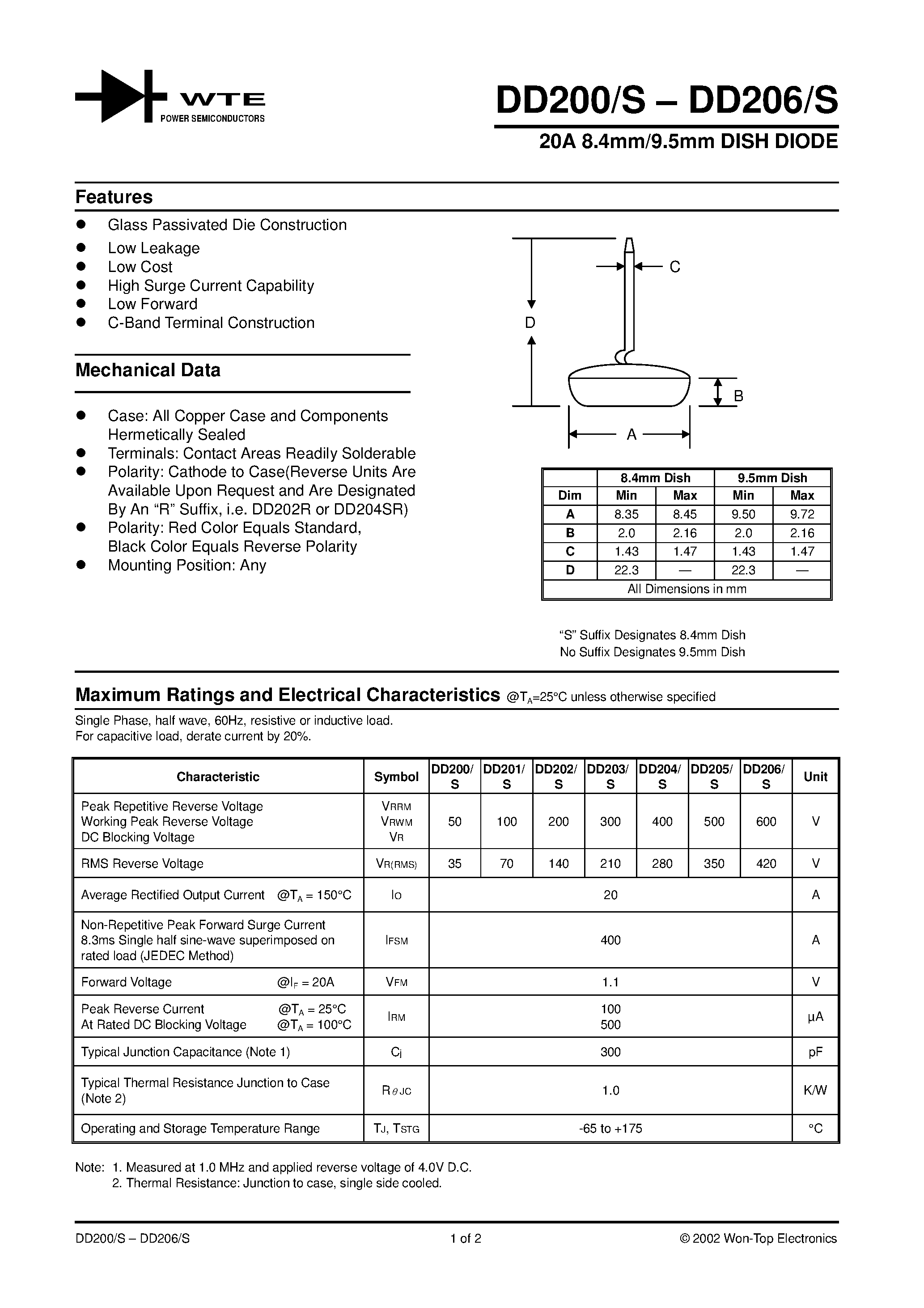 Даташит DD205 - 20A 8.4mm/9.5mm DISH DIODE страница 1