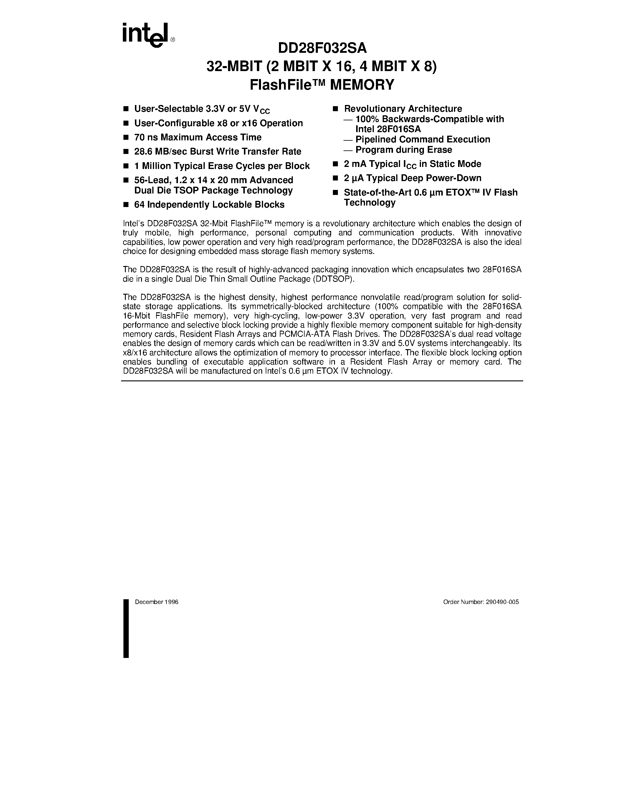 Даташит на микросхему DD28F032SA-070 страница 1 Даташит DD28F032SA-070 - 32-MBIT (2 MBIT X 16/ 4 MBIT X 8) FlashFile MEMORY страница 1