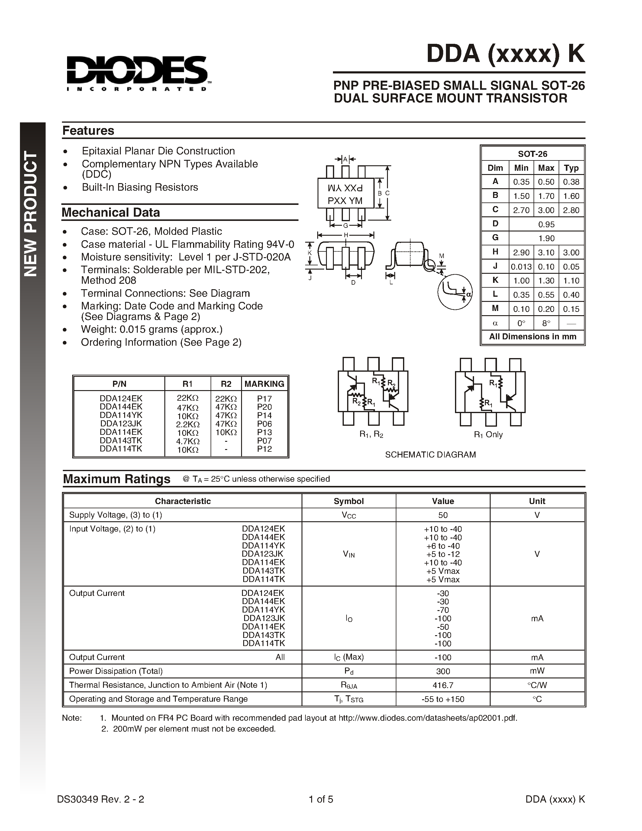 Даташит DDA114TK-7 - NPN PRE-BIASED SMALL SIGNAL SOT-26 DUAL SURFACE MOUNT TRANSISTOR страница 1