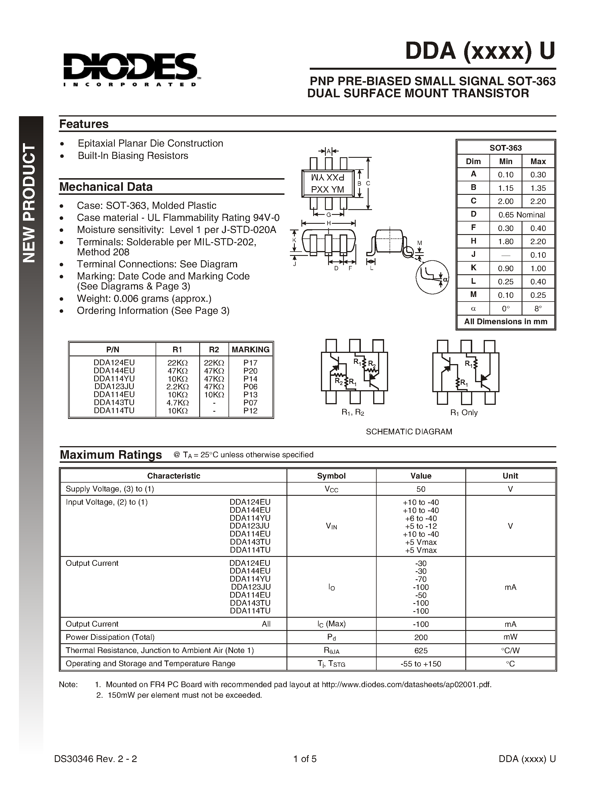 Datasheet DDA114TU-7 - NPN PRE-BIASED SMALL SIGNAL SOT-363 DUAL SURFACE MOUNT TRANSISTOR page 1