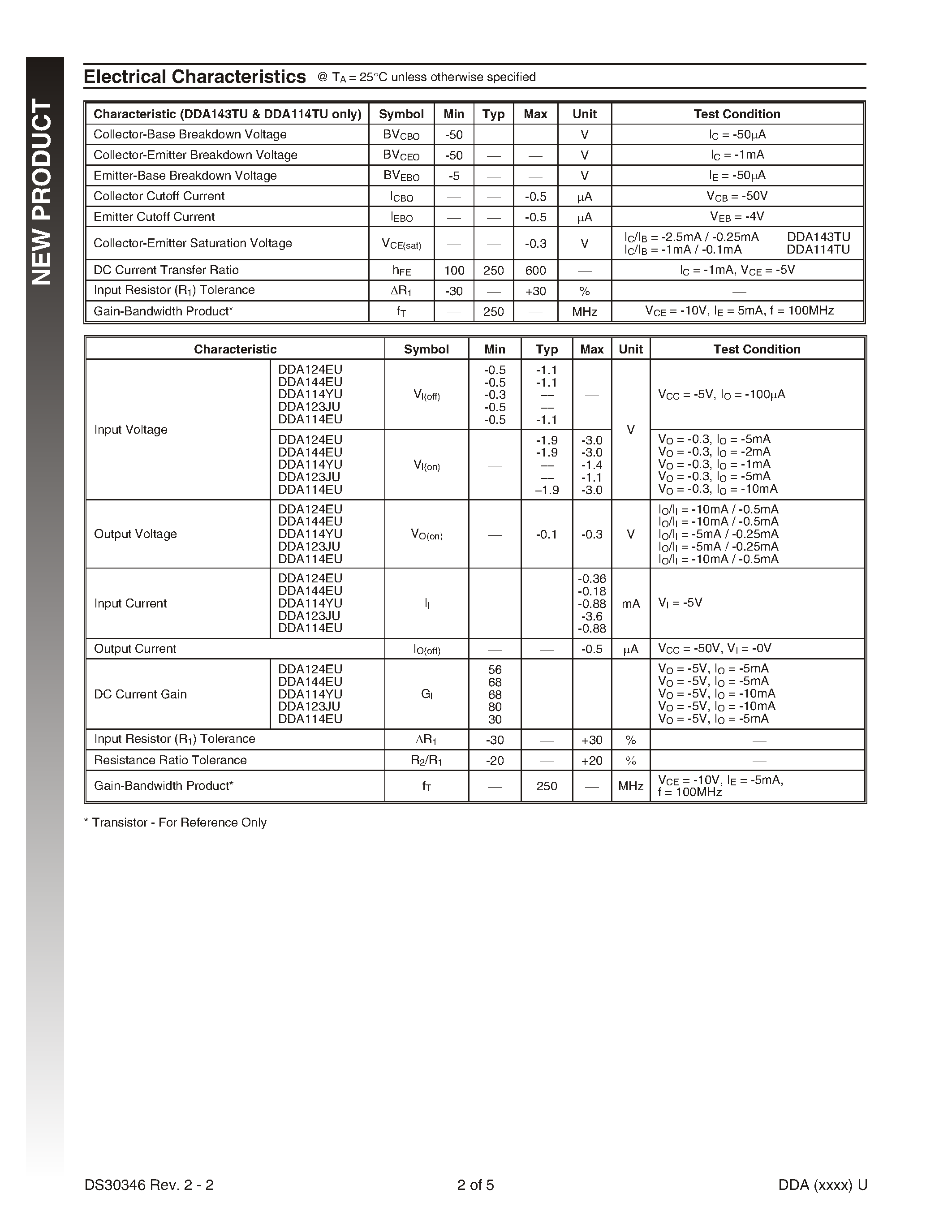 Datasheet DDA114YU-7 - NPN PRE-BIASED SMALL SIGNAL SOT-363 DUAL SURFACE MOUNT TRANSISTOR page 2