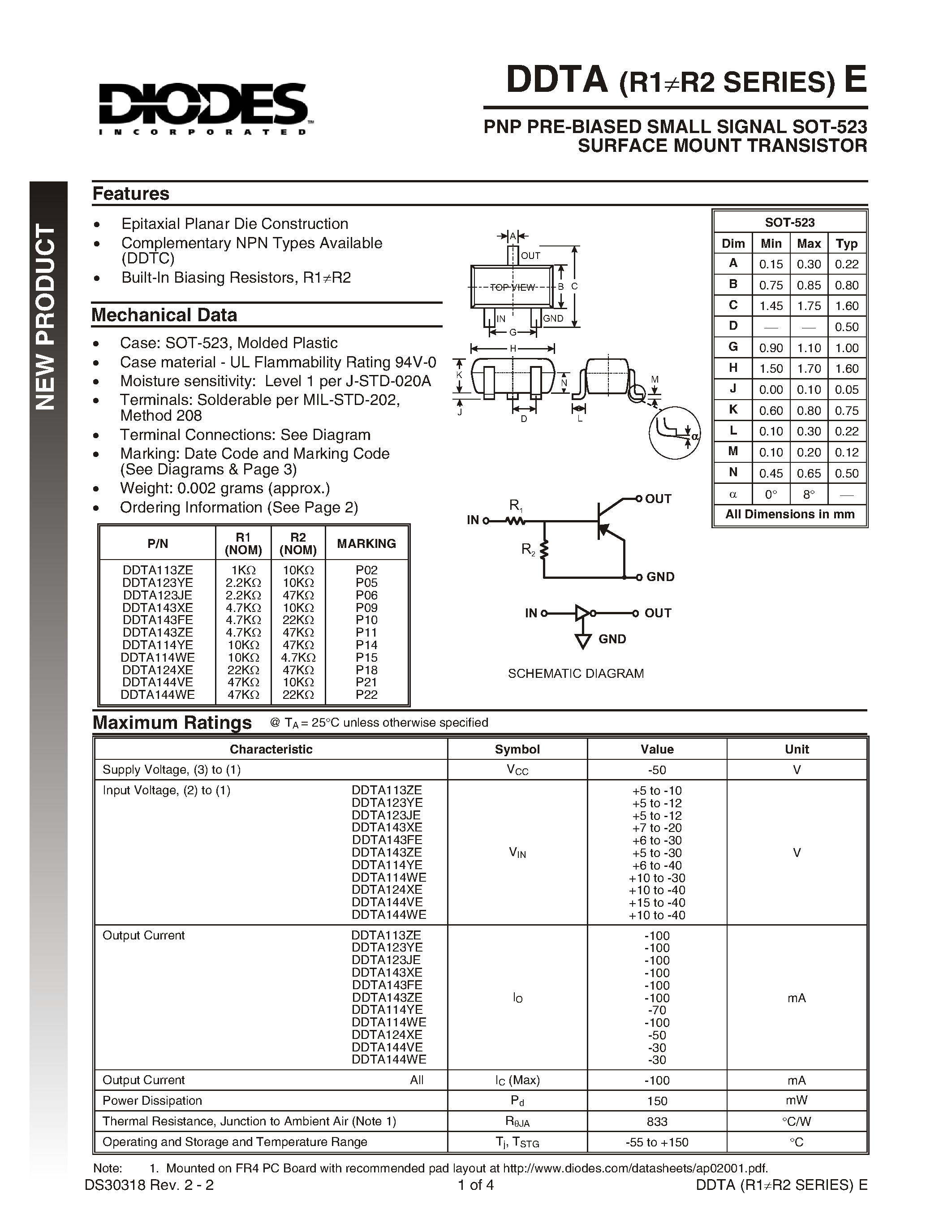 Даташит DDTA143FE-7 - PNP PRE-BIASED SMALL SIGNAL SOT-523 SURFACE MOUNT TRANSISTOR страница 1