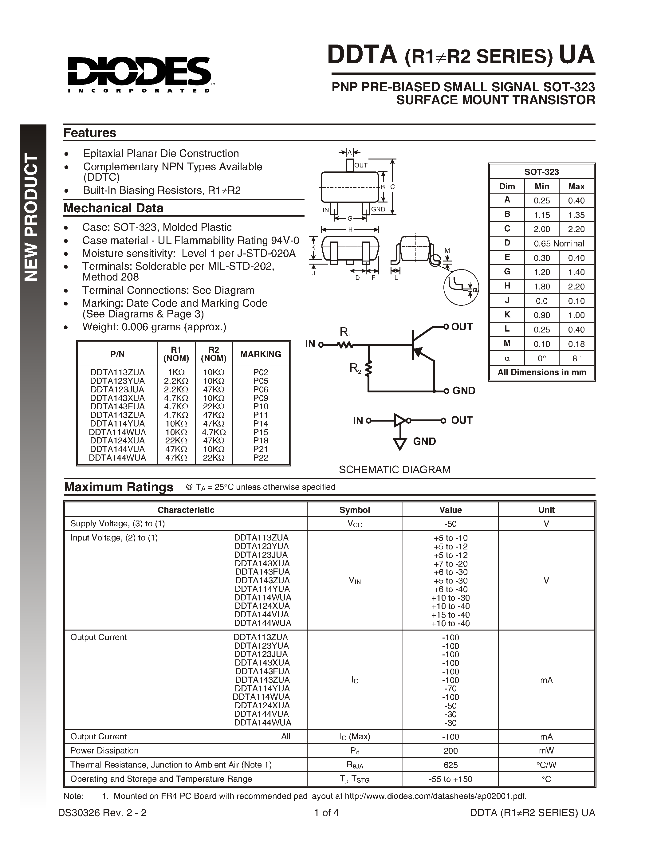 Datasheet DDTA143FUA-7 - PNP PRE-BIASED SMALL SIGNAL SOT-323 SURFACE MOUNT TRANSISTOR page 1
