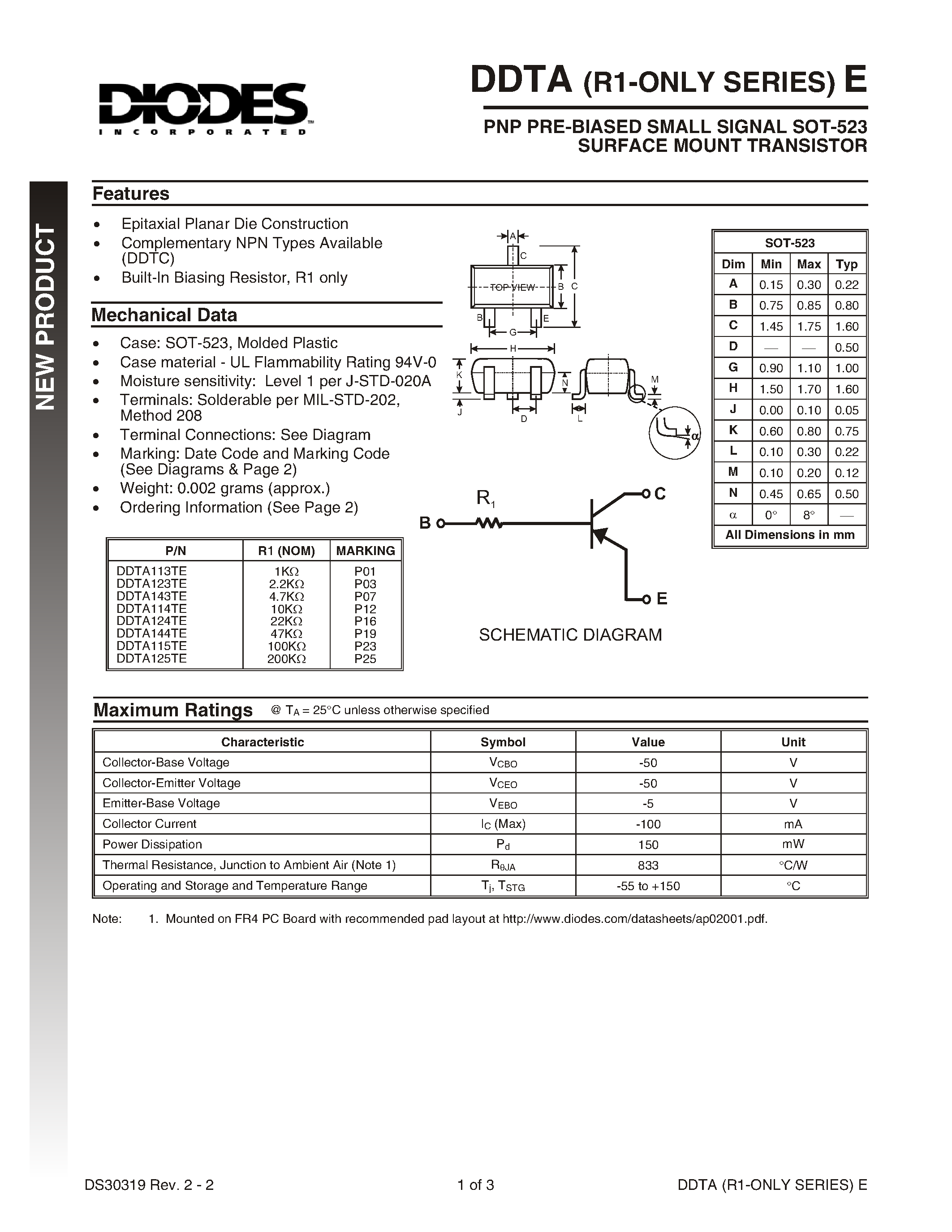 Datasheet DDTA143TE-7 - PNP PRE-BIASED SMALL SIGNAL SOT-523 DUAL SURFACE MOUNT TRANSISTOR page 1