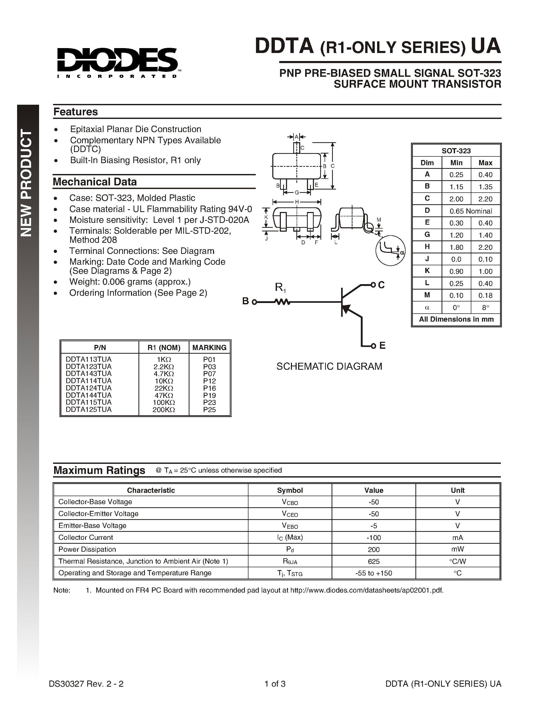 Datasheet DDTA144TUA-7 - PNP PRE-BIASED SMALL SIGNAL SOT-323 SURFACE MOUNT TRANSISTOR page 1