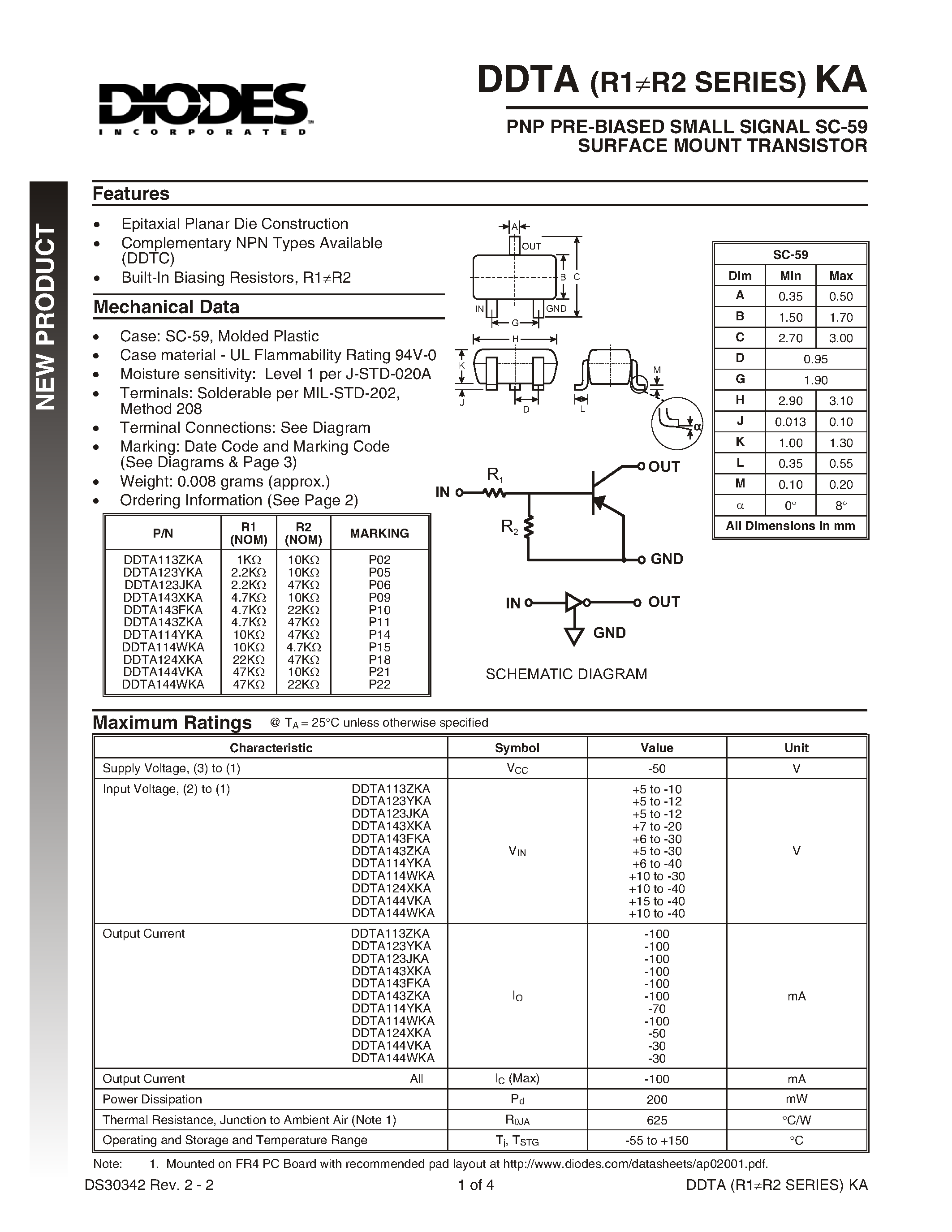 Даташит DDTA144WKA-7 - PNP PRE-BIASED SMALL SIGNAL SC-59 SURFACE MOUNT TRANSISTOR страница 1