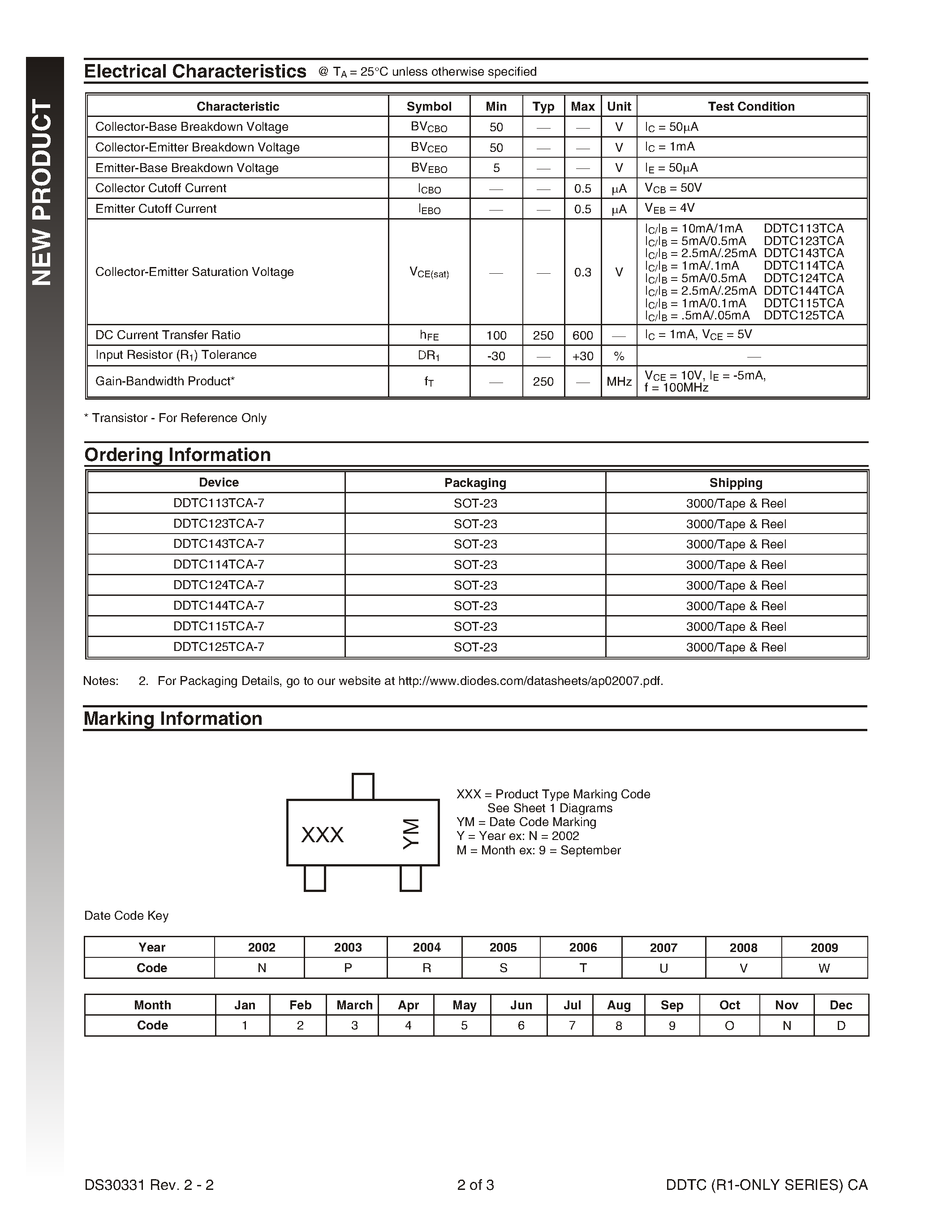 Datasheet DDTC113TCA-7 - NPN PRE-BIASED SMALL SIGNAL SOT-23 SURFACE MOUNT TRANSISTOR page 2